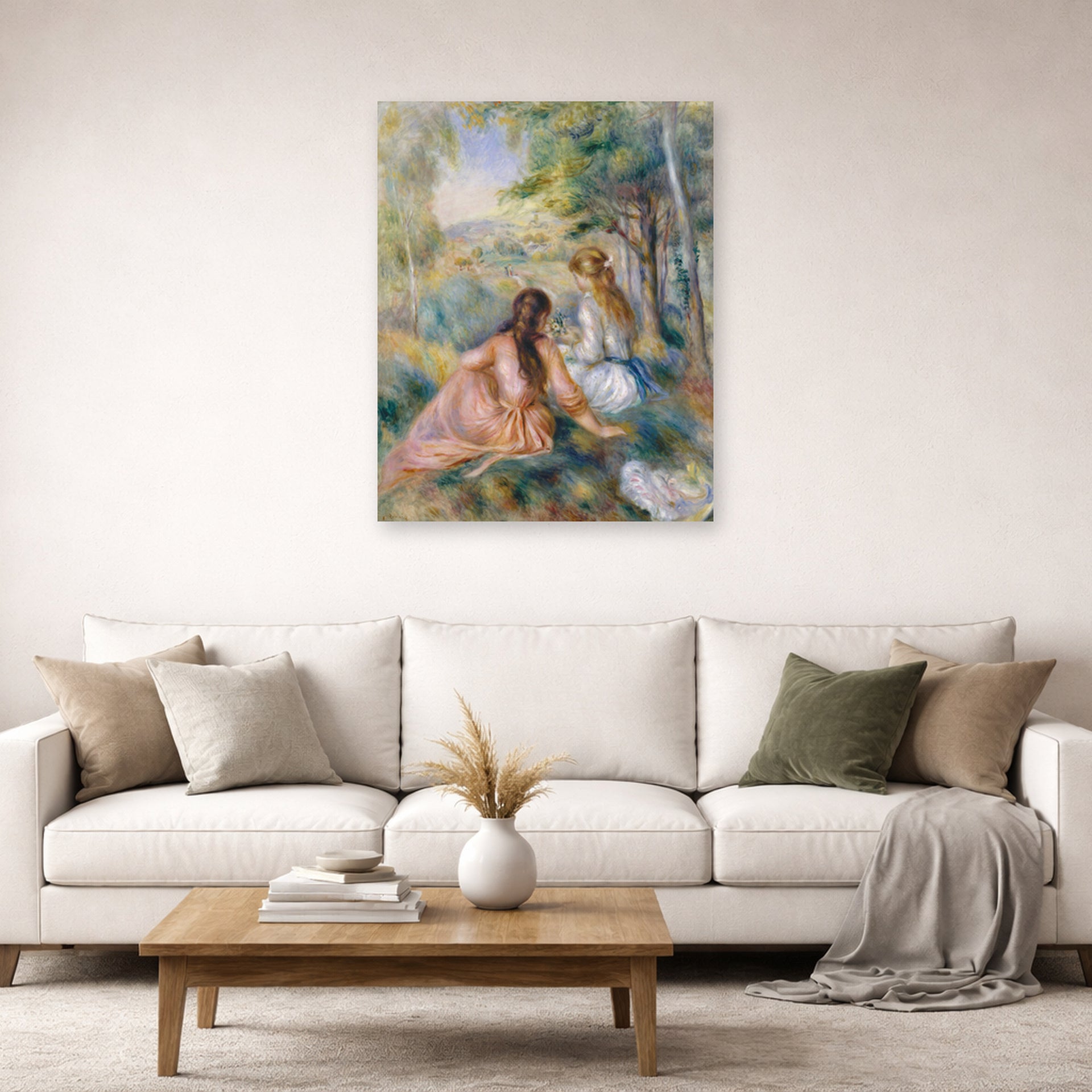 Unframed poster print of Pierre-Auguste Renoir's In the Meadow displayed on a wall in a living room
