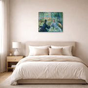 Gallery-wrapped canvas print of Pierre-Auguste Renoir's Lunch at the Restaurant Fournaise (The Rowers' Lunch) displayed on a wall in a bedroom