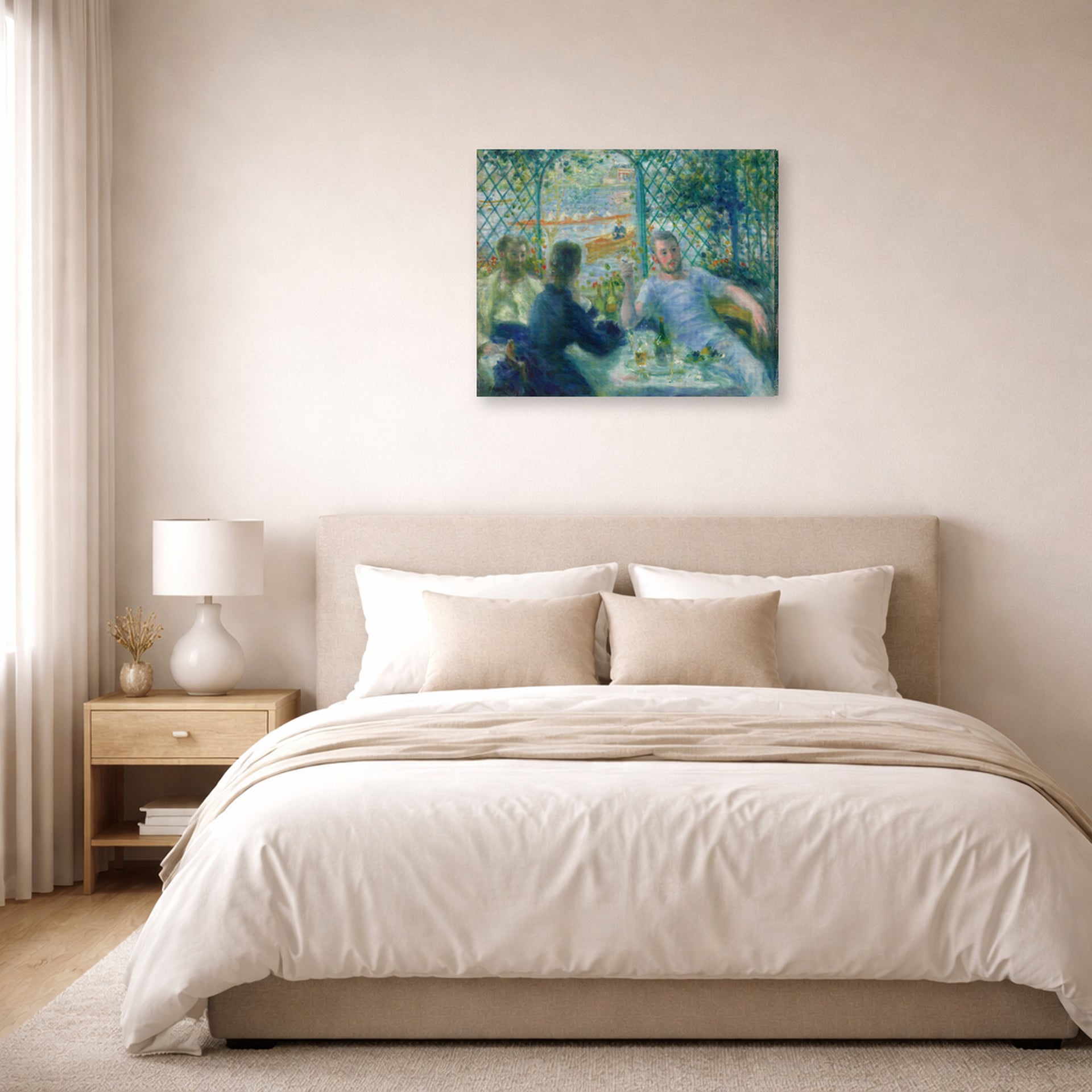 Gallery-wrapped canvas print of Pierre-Auguste Renoir's Lunch at the Restaurant Fournaise (The Rowers' Lunch) displayed on a wall in a bedroom