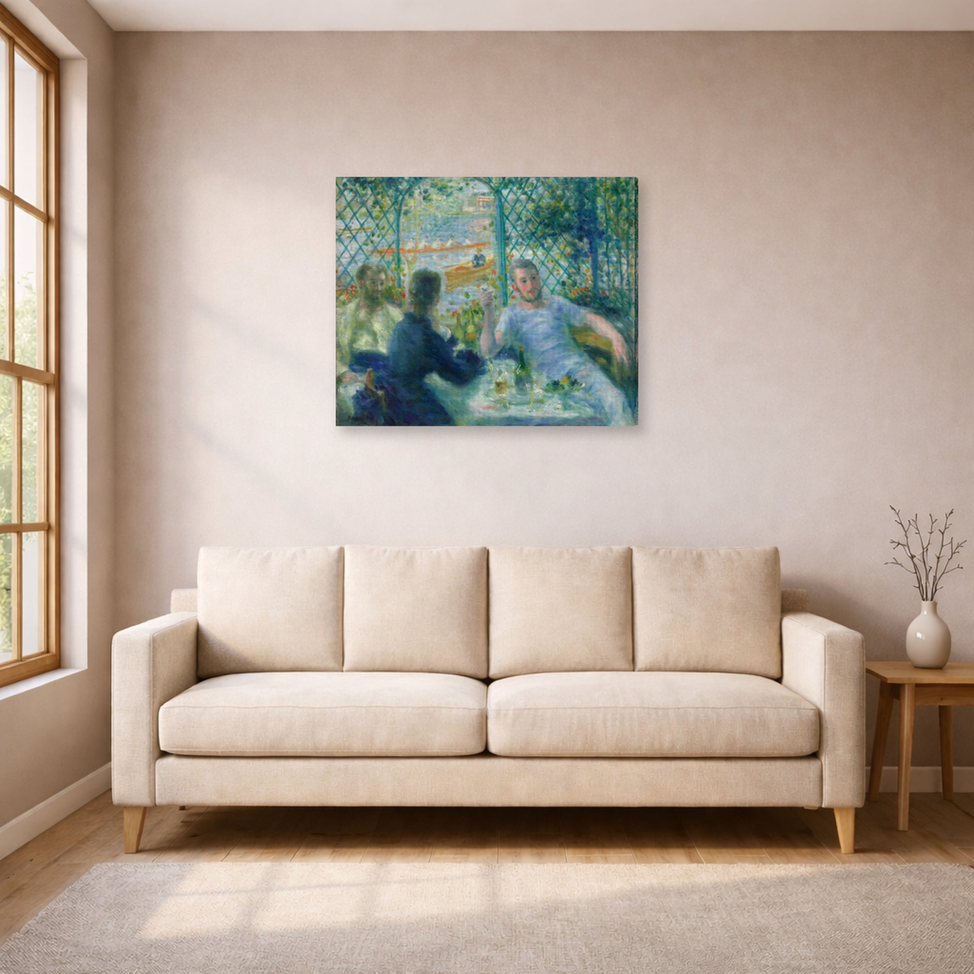 Gallery-wrapped canvas print of Pierre-Auguste Renoir's Lunch at the Restaurant Fournaise (The Rowers' Lunch) displayed on a wall in a living room