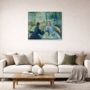 Gallery-wrapped canvas print of Pierre-Auguste Renoir's Lunch at the Restaurant Fournaise (The Rowers' Lunch) displayed on a wall in a living room