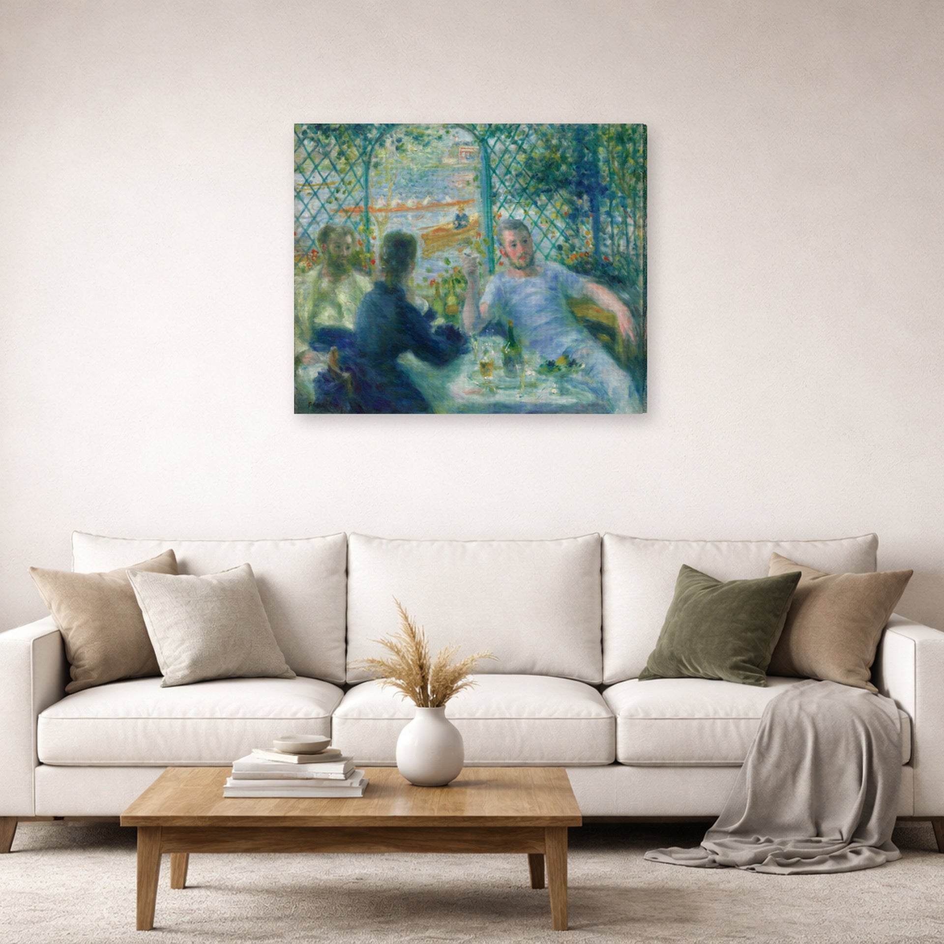Gallery-wrapped canvas print of Pierre-Auguste Renoir's Lunch at the Restaurant Fournaise (The Rowers' Lunch) displayed on a wall in a living room