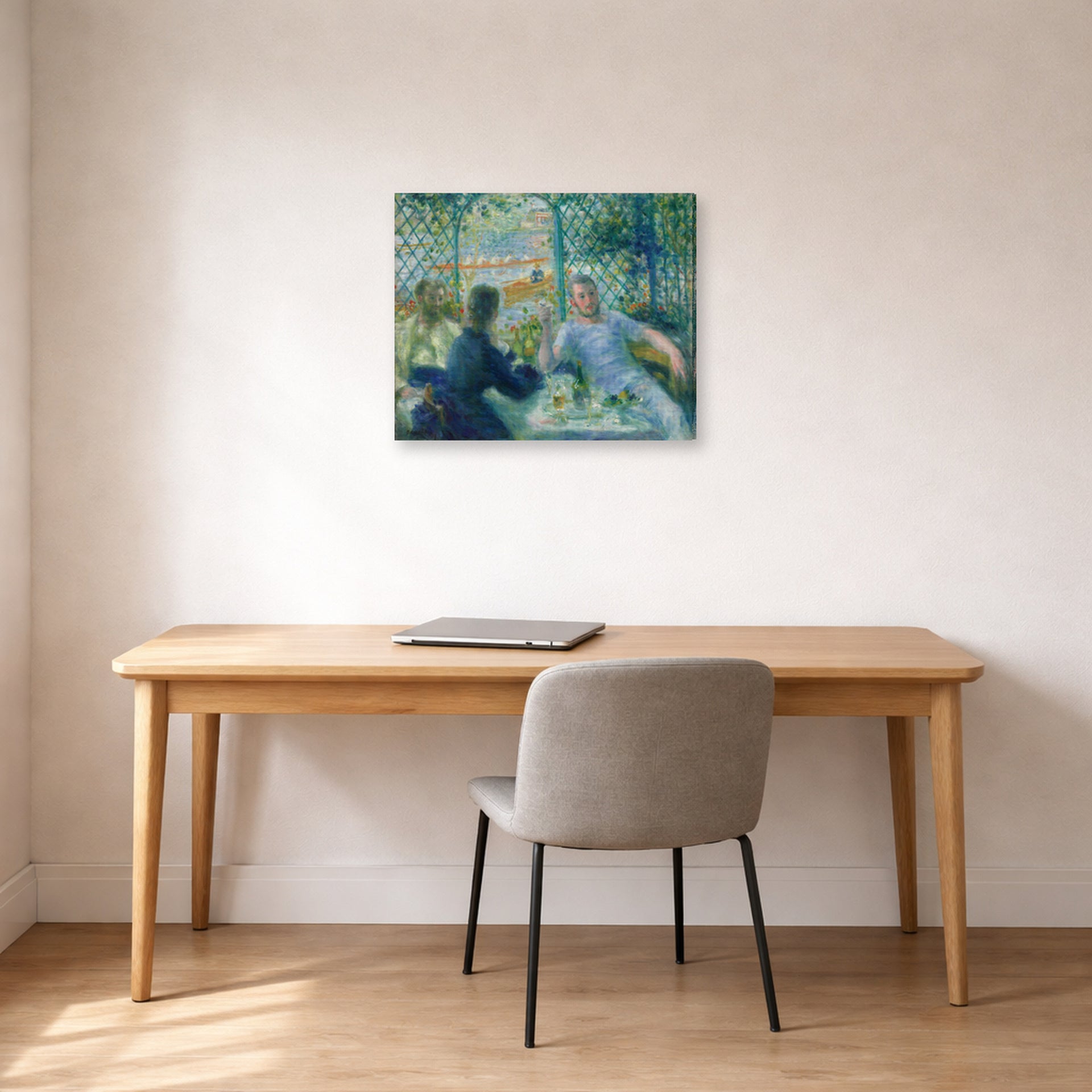 Gallery-wrapped canvas print of Pierre-Auguste Renoir's Lunch at the Restaurant Fournaise (The Rowers' Lunch) displayed on a wall in an office