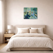 Unframed poster print of Pierre-Auguste Renoir's Lunch at the Restaurant Fournaise (The Rowers' Lunch) displayed on a wall in a bedroom