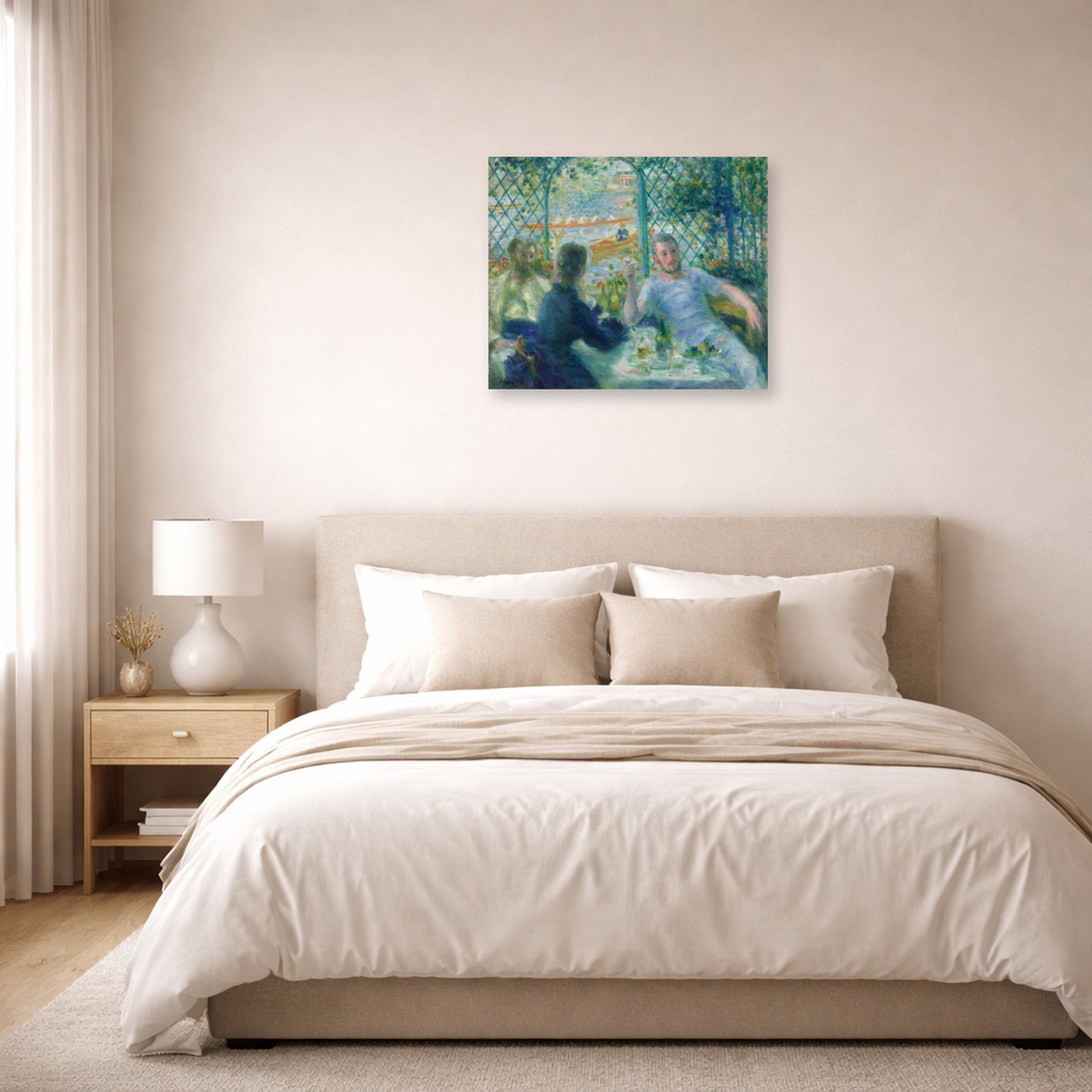 Unframed poster print of Pierre-Auguste Renoir's Lunch at the Restaurant Fournaise (The Rowers' Lunch) displayed on a wall in a bedroom
