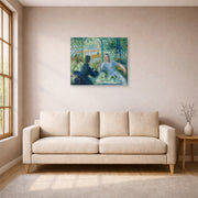 Unframed poster print of Pierre-Auguste Renoir's Lunch at the Restaurant Fournaise (The Rowers' Lunch) displayed on a wall in a living room