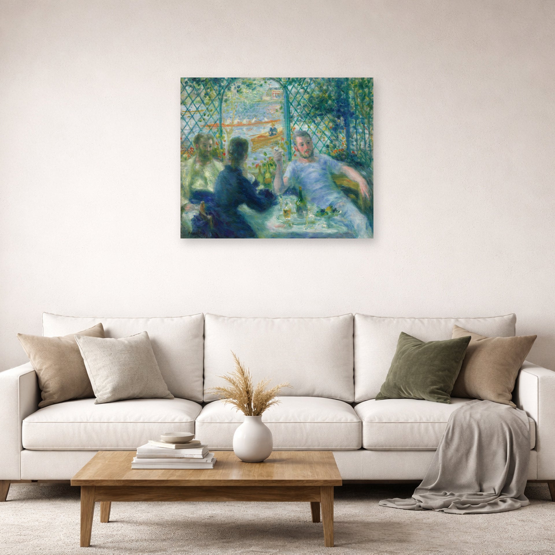 Unframed poster print of Pierre-Auguste Renoir's Lunch at the Restaurant Fournaise (The Rowers' Lunch) displayed on a wall in a living room