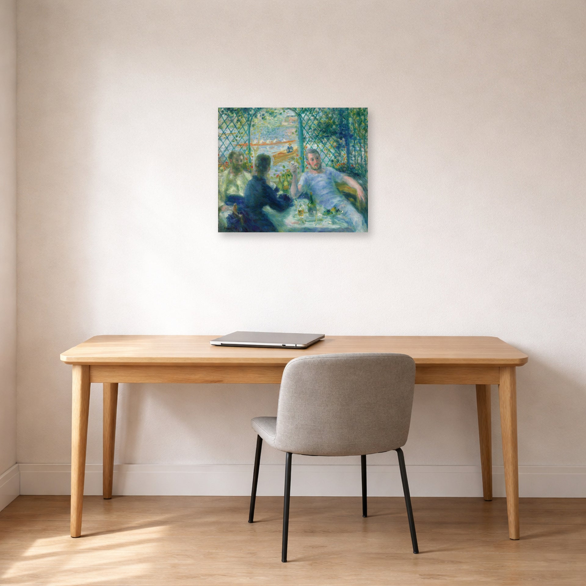Unframed poster print of Pierre-Auguste Renoir's Lunch at the Restaurant Fournaise (The Rowers' Lunch) displayed on a wall in an office