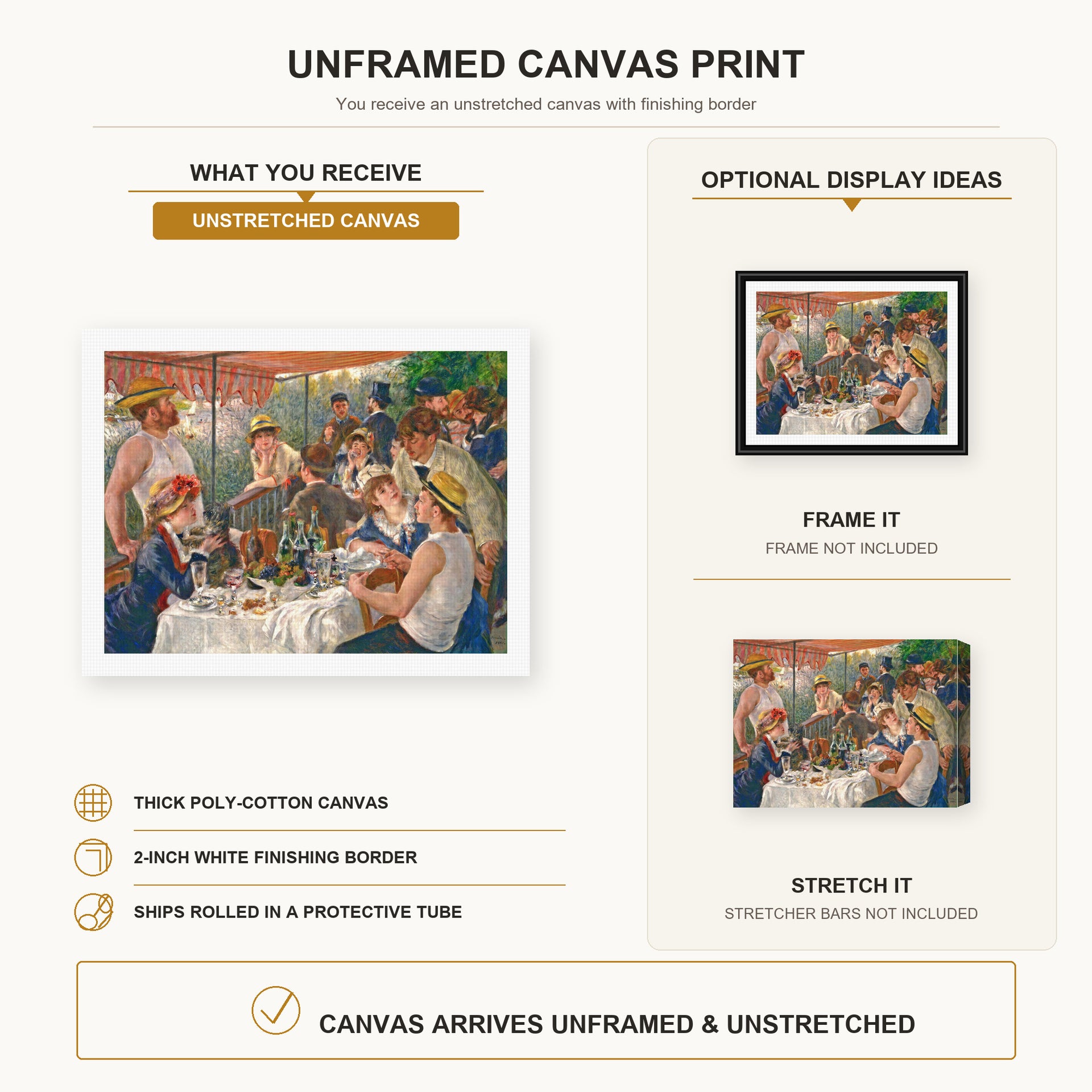 Pierre-Auguste Renoir - Luncheon of the Boating Party canvas print size comparison and framing display infographic