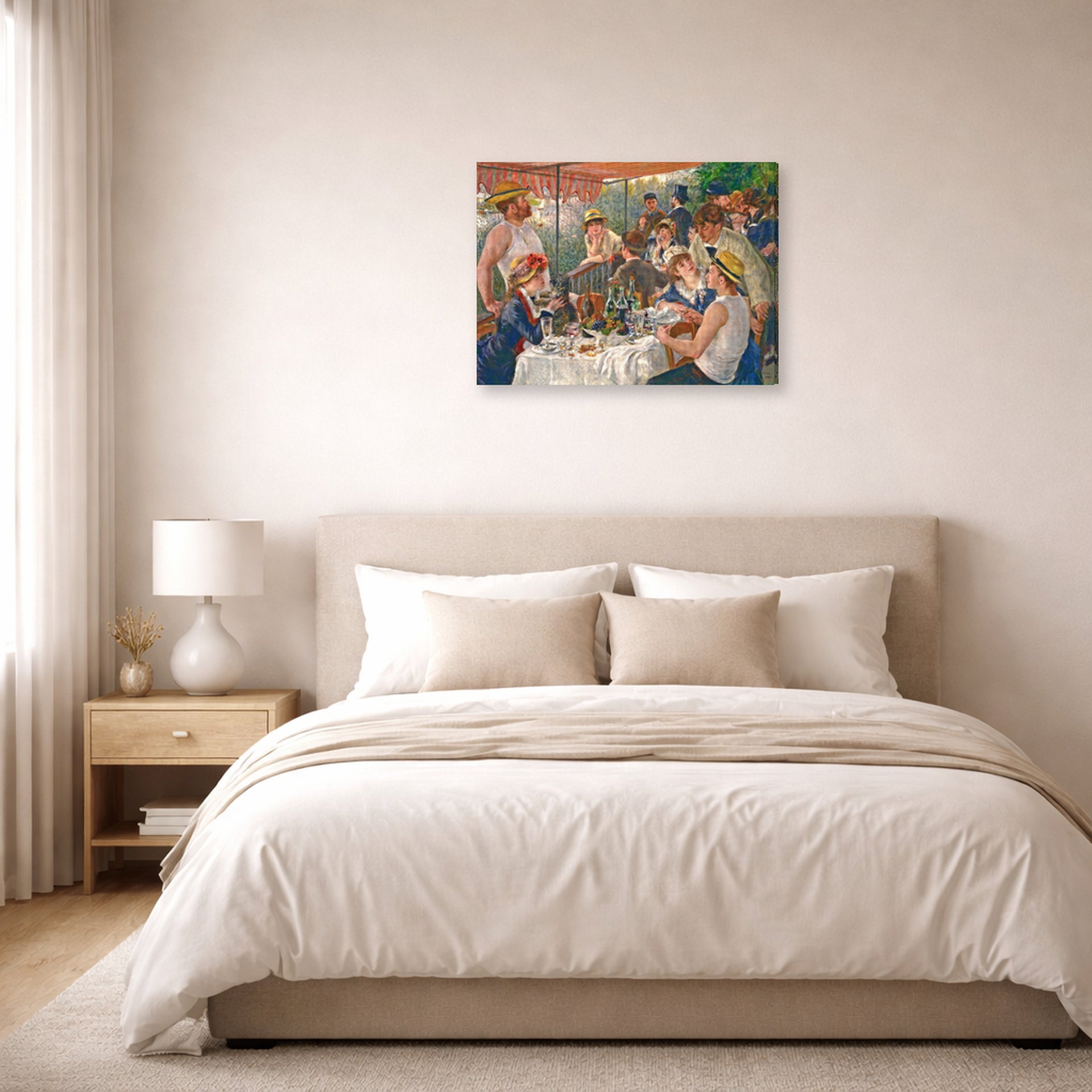 Gallery-wrapped canvas print of Pierre-Auguste Renoir's Luncheon of the Boating Party displayed on a wall in a bedroom