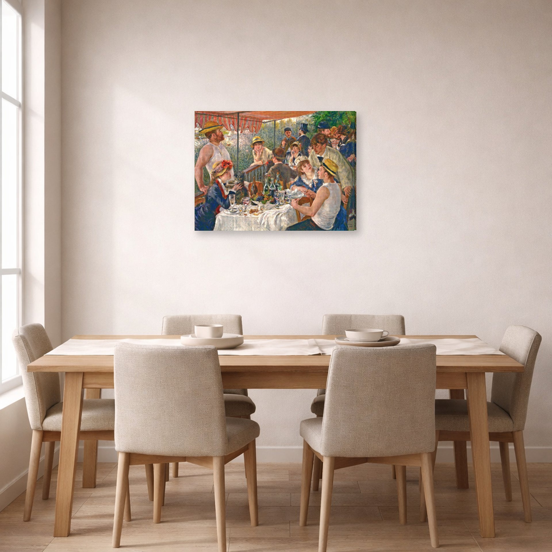 Gallery-wrapped canvas print of Pierre-Auguste Renoir's Luncheon of the Boating Party displayed on a wall in a dining room