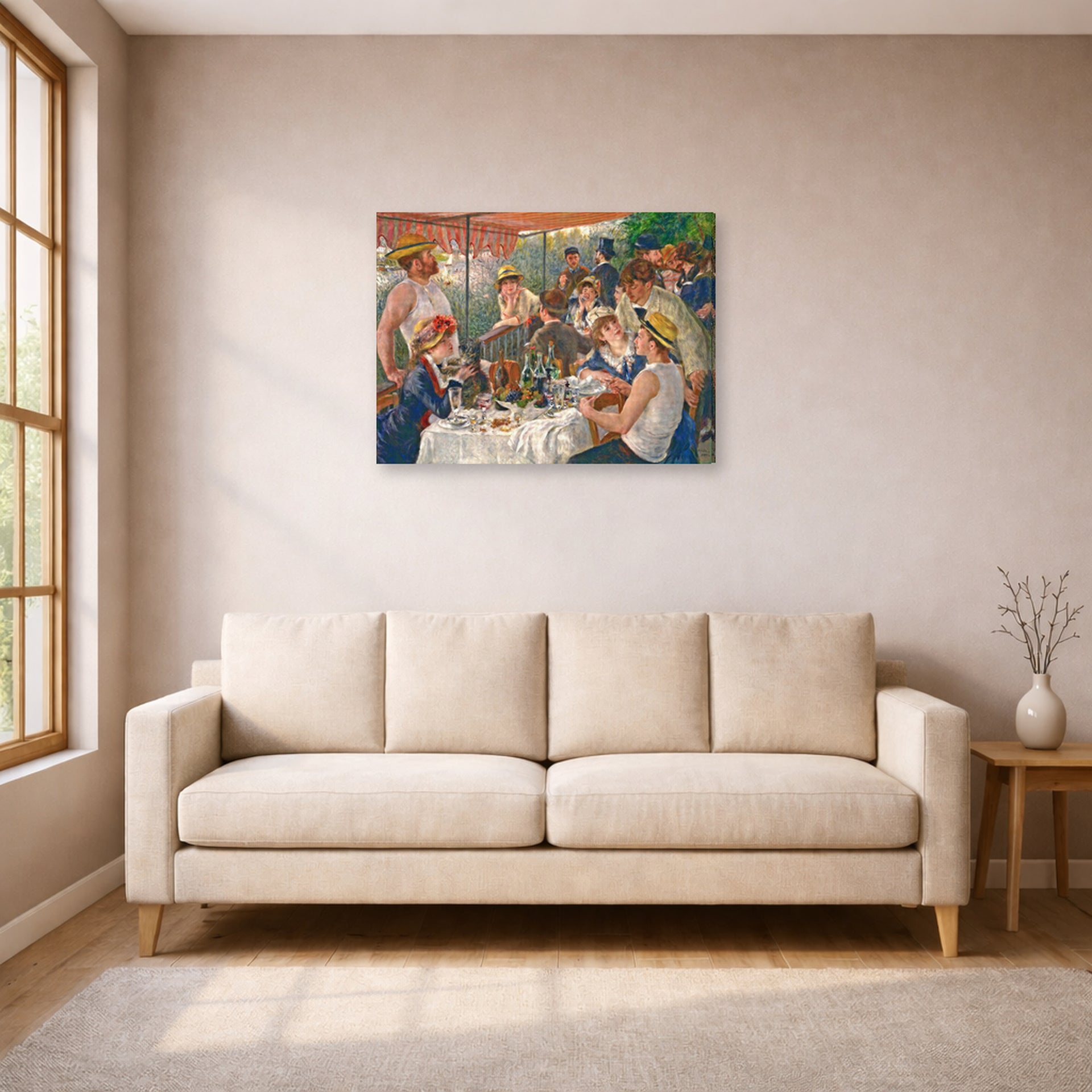 Gallery-wrapped canvas print of Pierre-Auguste Renoir's Luncheon of the Boating Party displayed on a wall in a living room
