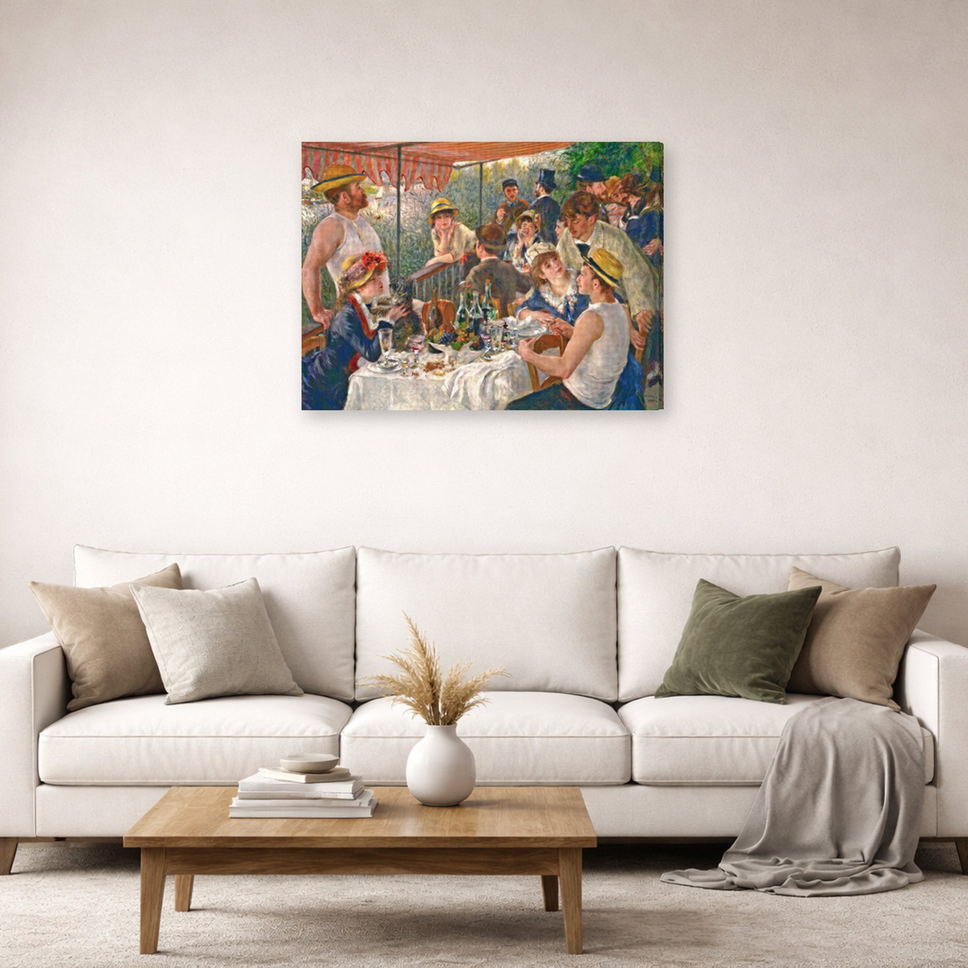 Gallery-wrapped canvas print of Pierre-Auguste Renoir's Luncheon of the Boating Party displayed on a wall in a living room