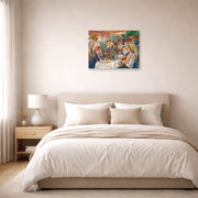 Unframed poster print of Pierre-Auguste Renoir's Luncheon of the Boating Party displayed on a wall in a bedroom