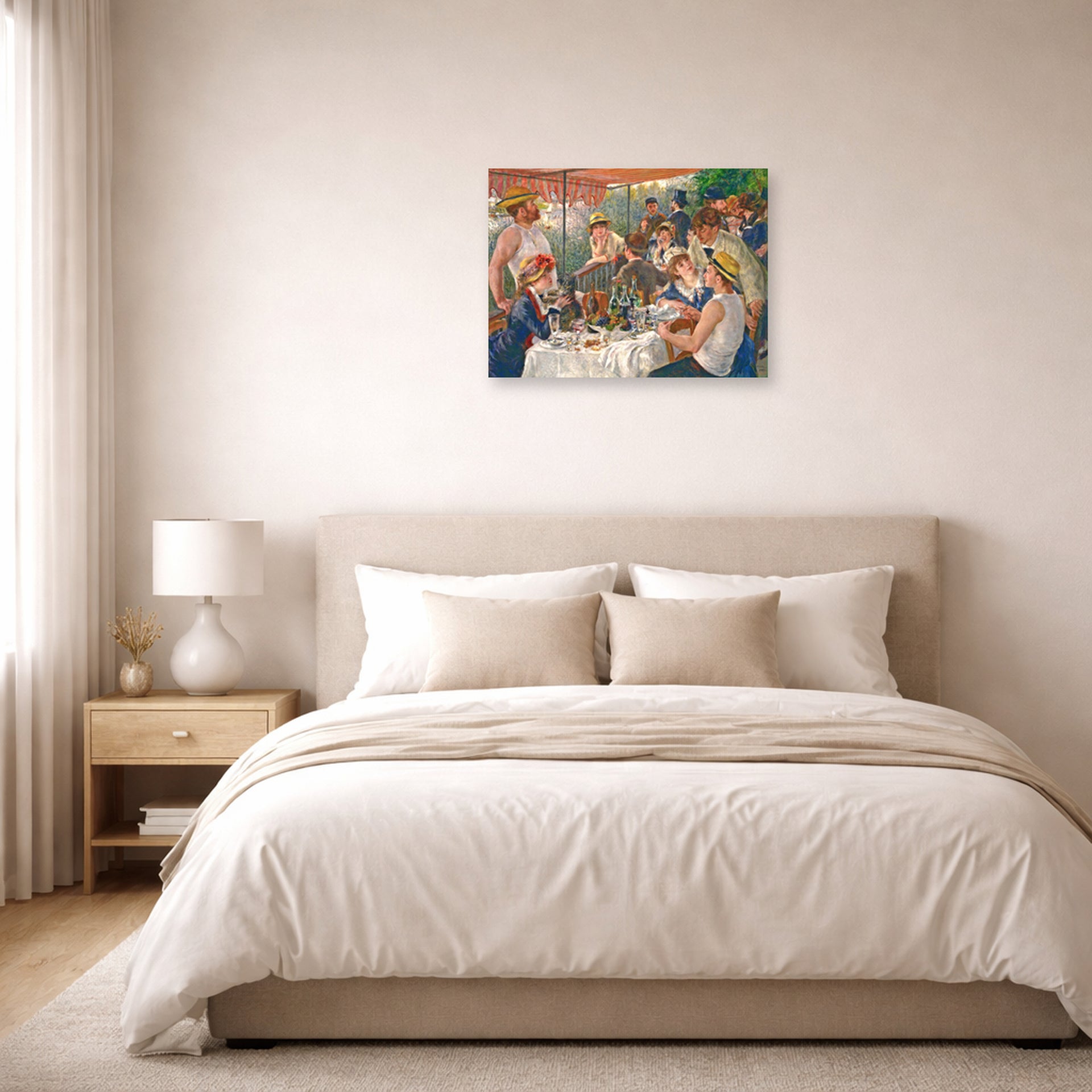 Unframed poster print of Pierre-Auguste Renoir's Luncheon of the Boating Party displayed on a wall in a bedroom