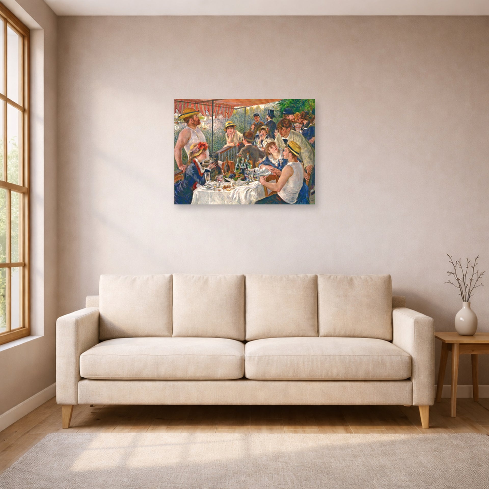 Unframed poster print of Pierre-Auguste Renoir's Luncheon of the Boating Party displayed on a wall in a living room