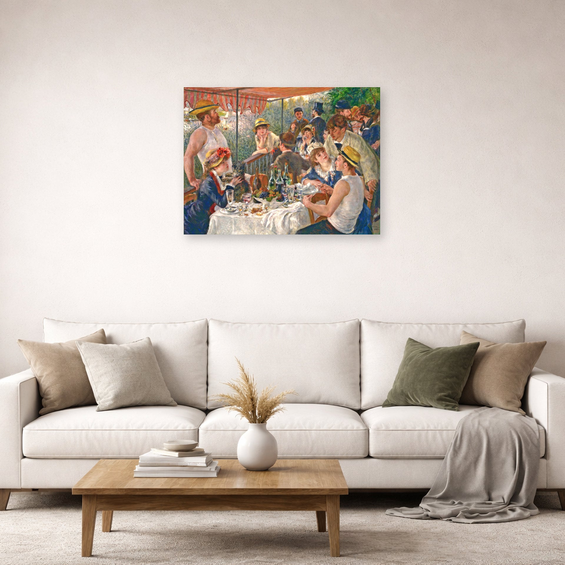 Unframed poster print of Pierre-Auguste Renoir's Luncheon of the Boating Party displayed on a wall in a living room
