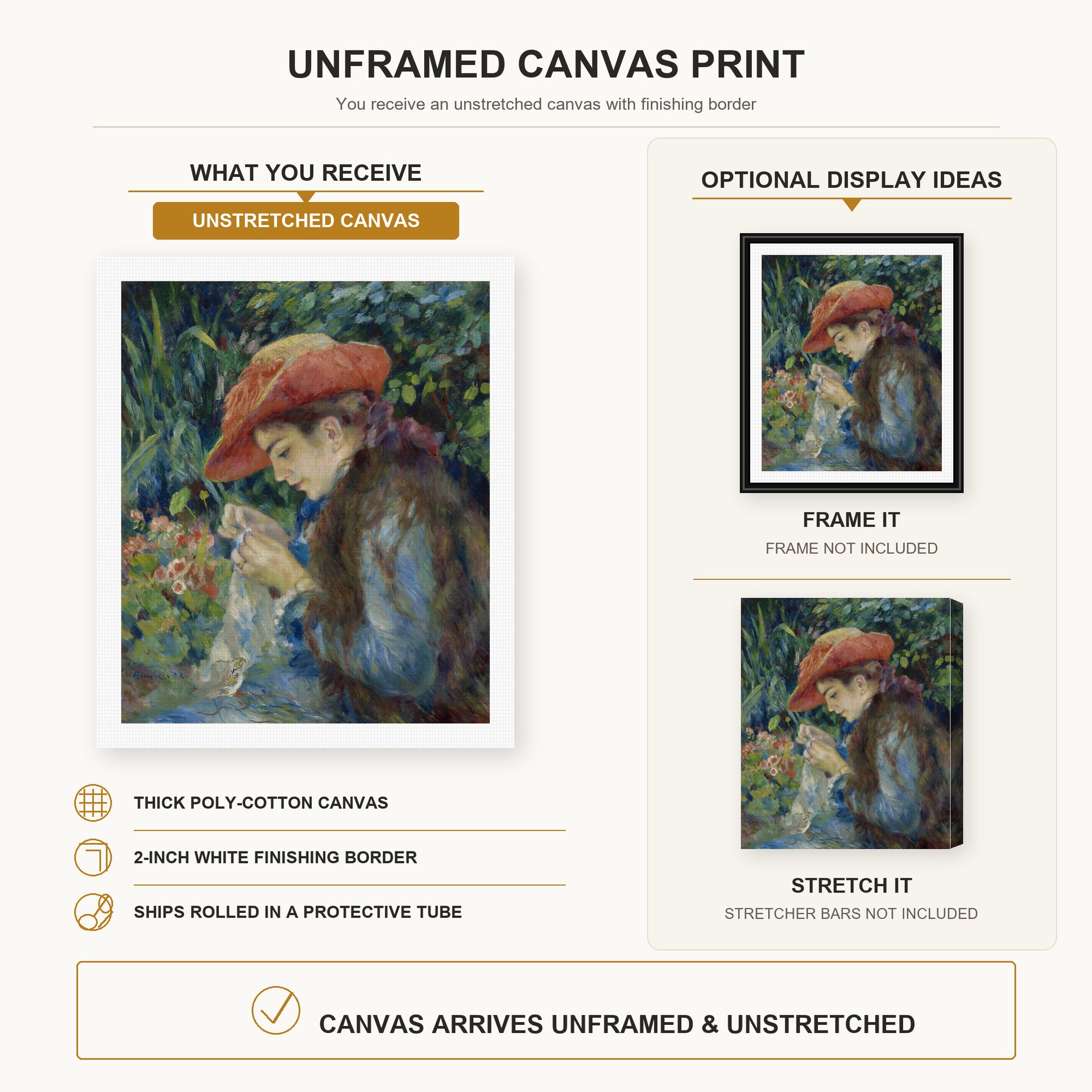Pierre-Auguste Renoir - Marie Thérèse Durand Ruel Sewing canvas print size comparison and framing display infographic