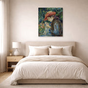 Gallery-wrapped canvas print of Pierre-Auguste Renoir's Marie Thérèse Durand Ruel Sewing displayed on a wall in a bedroom