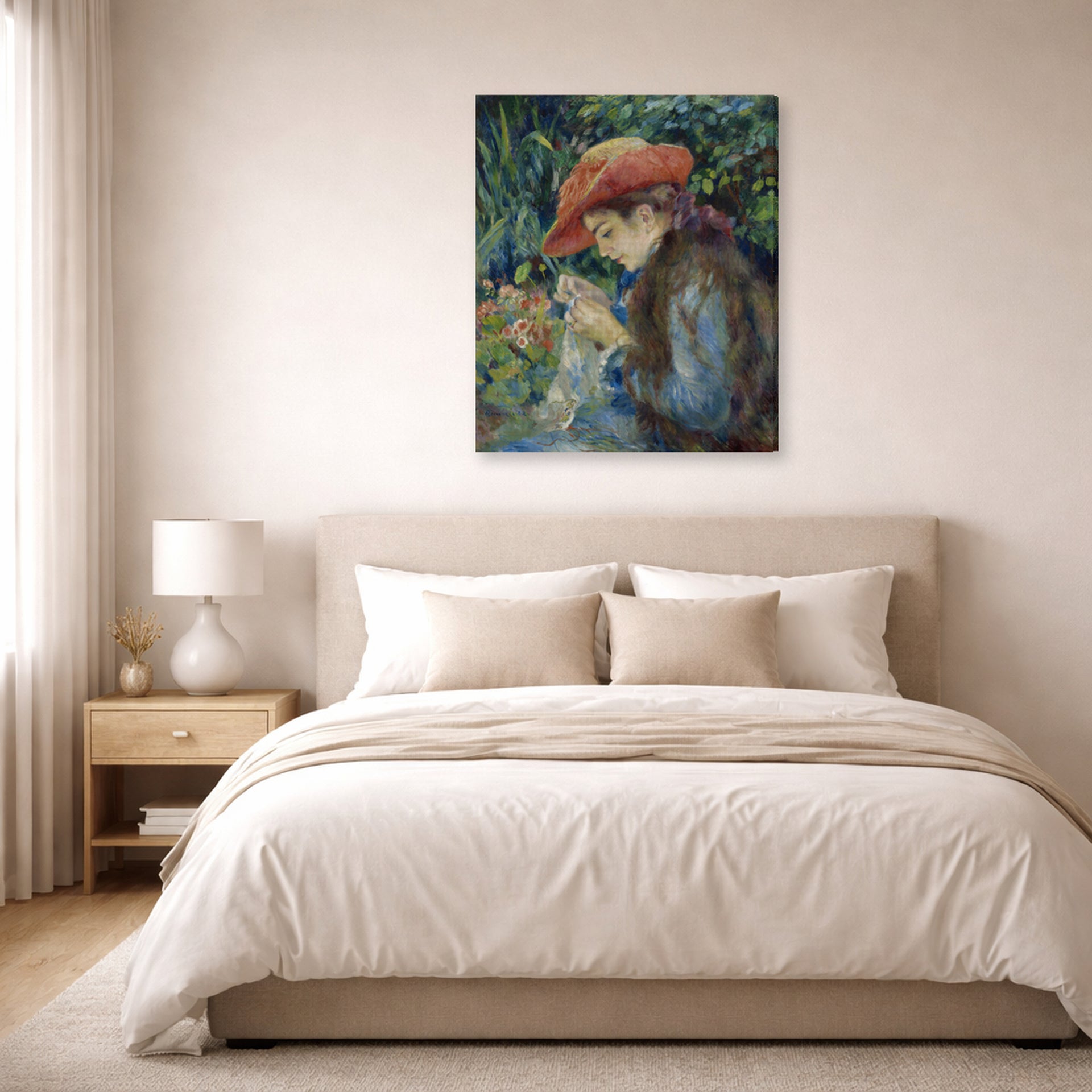 Gallery-wrapped canvas print of Pierre-Auguste Renoir's Marie Thérèse Durand Ruel Sewing displayed on a wall in a bedroom
