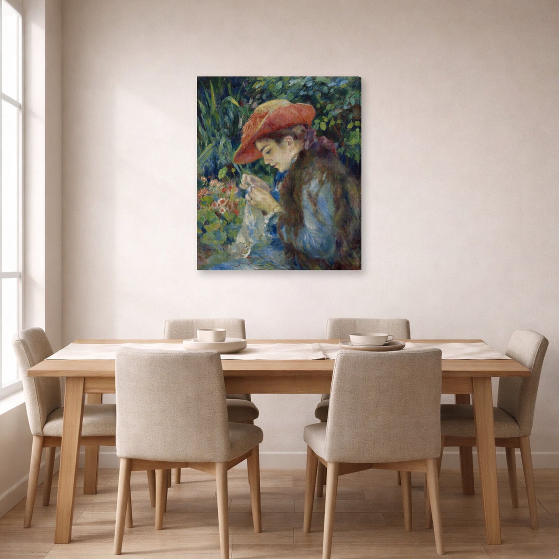 Gallery-wrapped canvas print of Pierre-Auguste Renoir's Marie Thérèse Durand Ruel Sewing displayed on a wall in a dining room