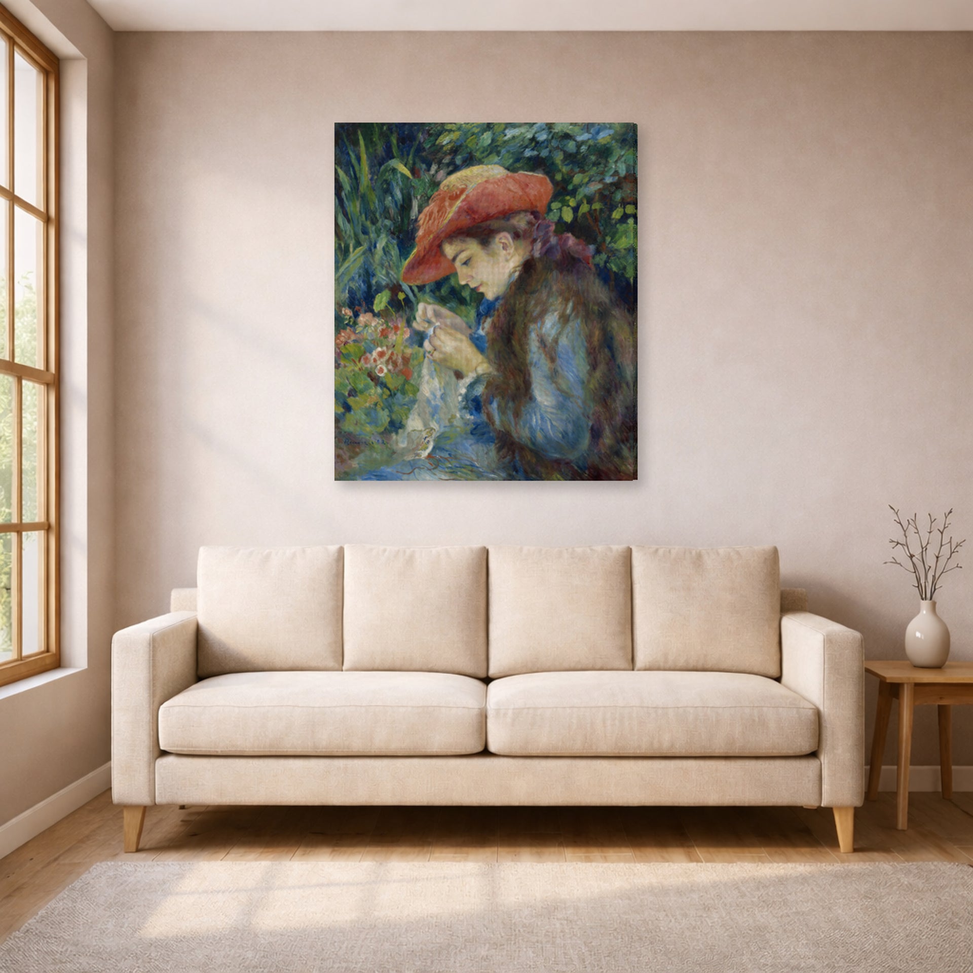 Gallery-wrapped canvas print of Pierre-Auguste Renoir's Marie Thérèse Durand Ruel Sewing displayed on a wall in a living room