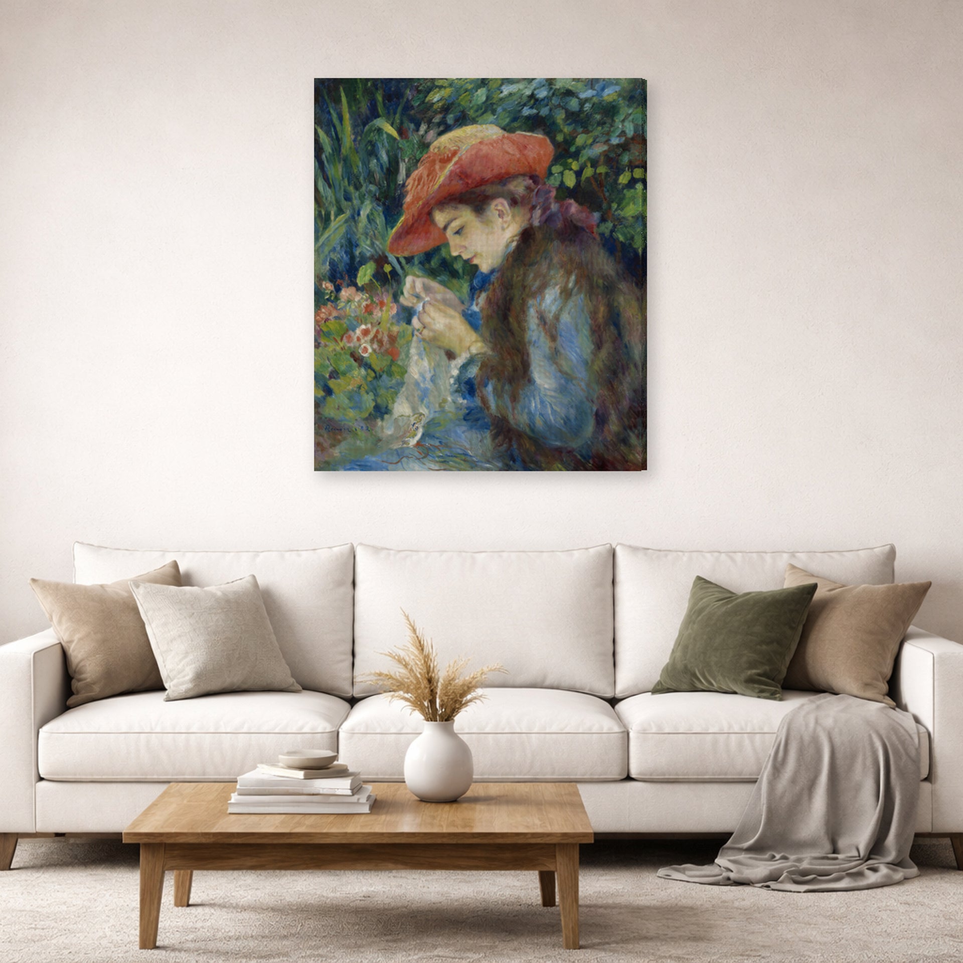 Gallery-wrapped canvas print of Pierre-Auguste Renoir's Marie Thérèse Durand Ruel Sewing displayed on a wall in a living room