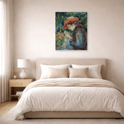 Unframed poster print of Pierre-Auguste Renoir's Marie Thérèse Durand Ruel Sewing displayed on a wall in a bedroom