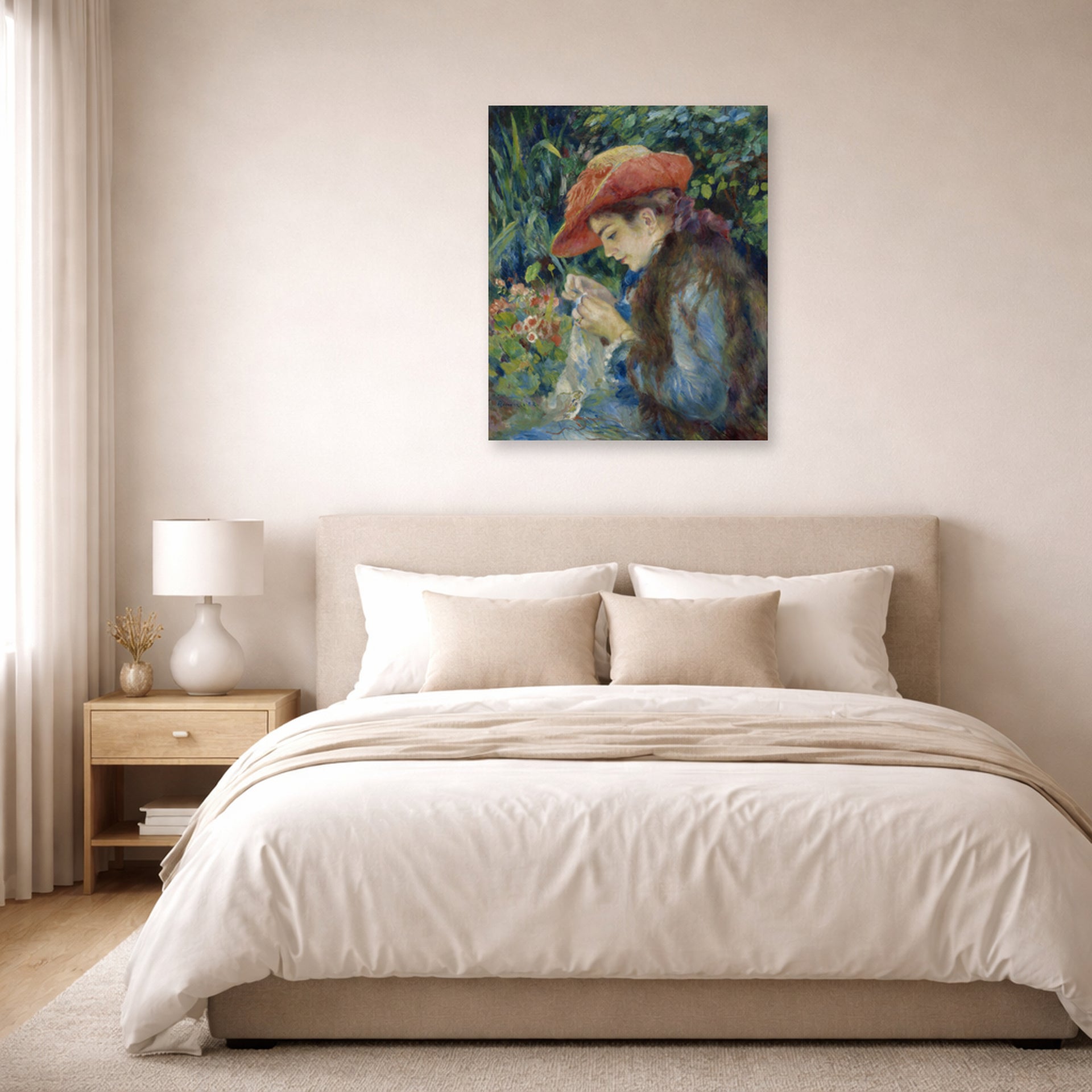 Unframed poster print of Pierre-Auguste Renoir's Marie Thérèse Durand Ruel Sewing displayed on a wall in a bedroom