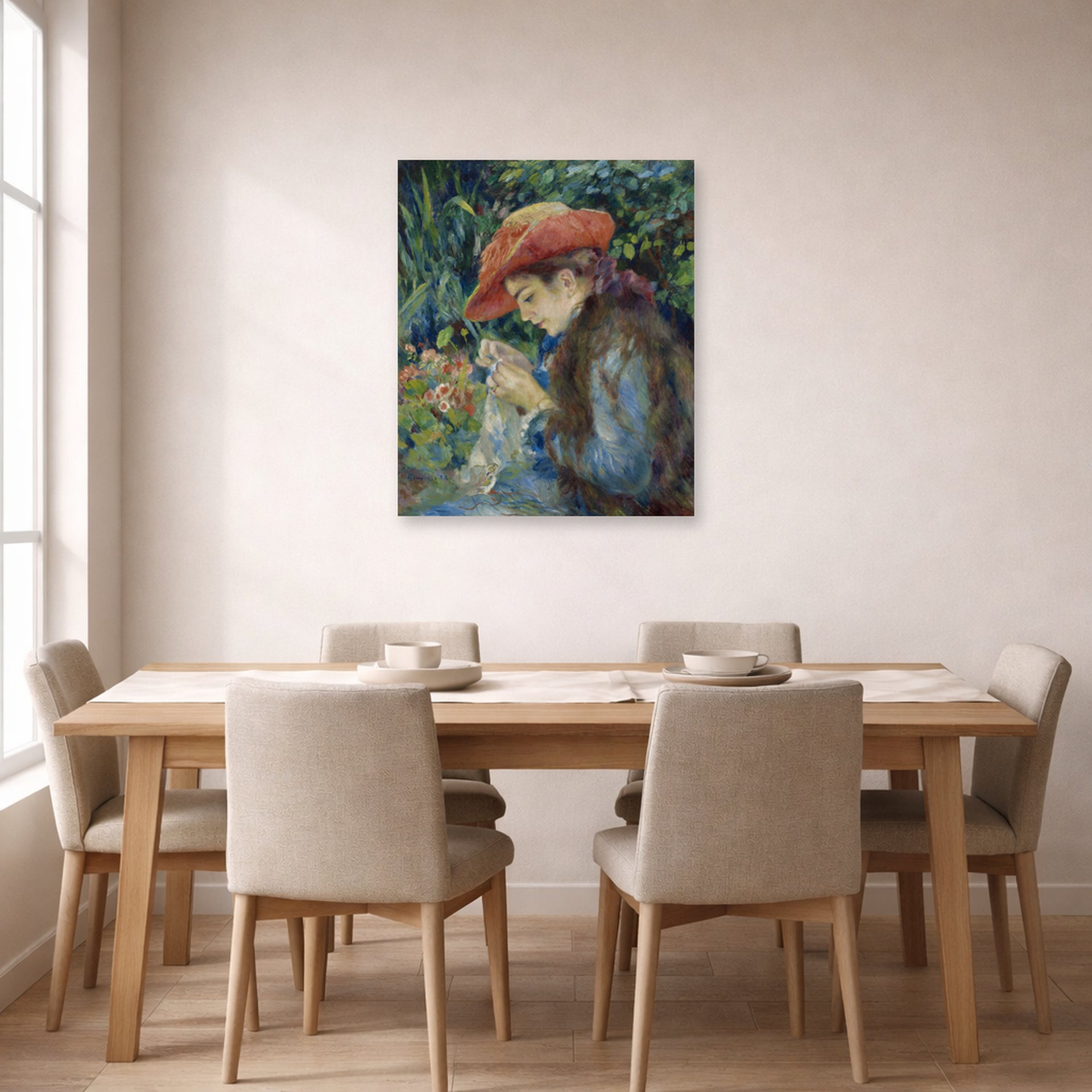 Unframed poster print of Pierre-Auguste Renoir's Marie Thérèse Durand Ruel Sewing displayed on a wall in a dining room