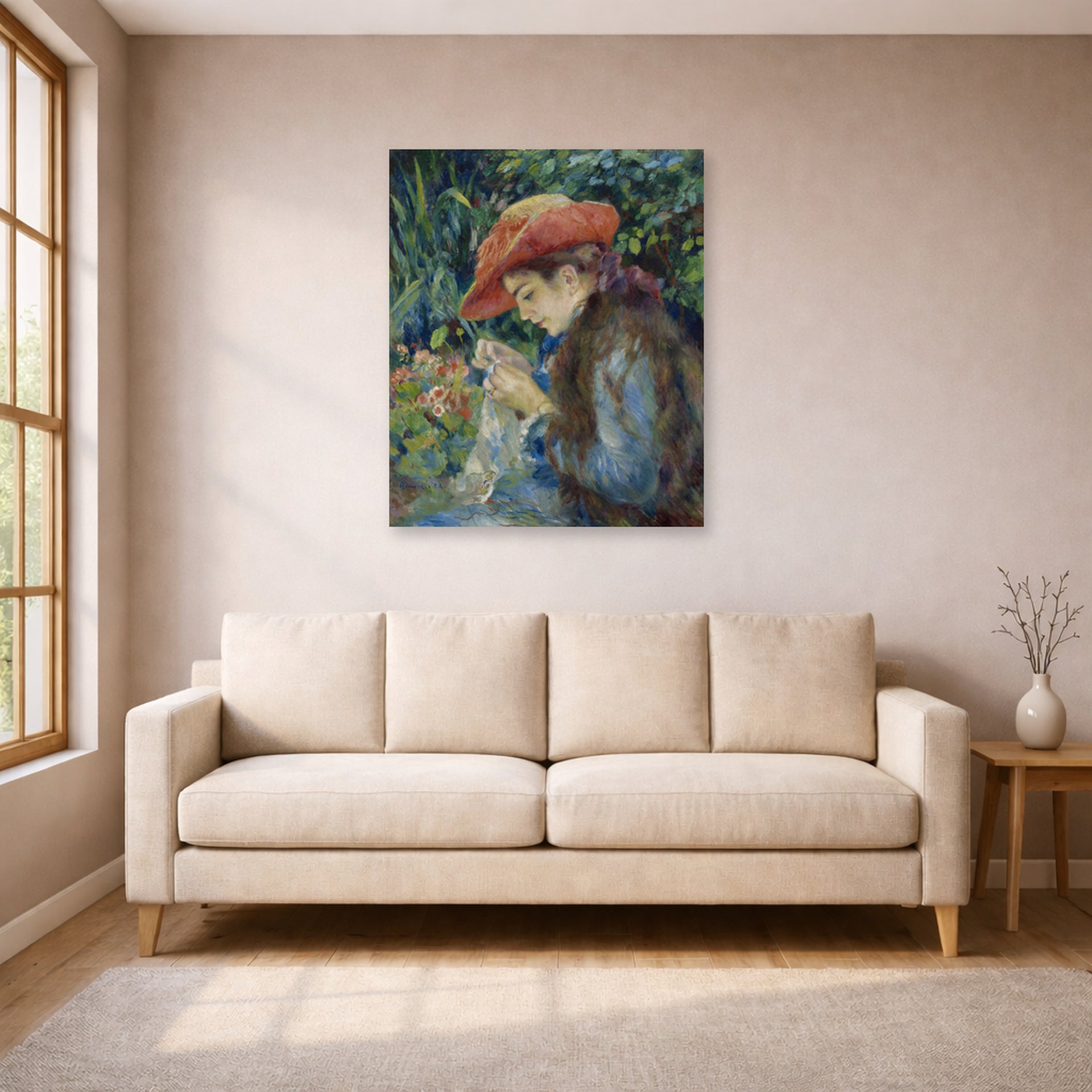 Unframed poster print of Pierre-Auguste Renoir's Marie Thérèse Durand Ruel Sewing displayed on a wall in a living room