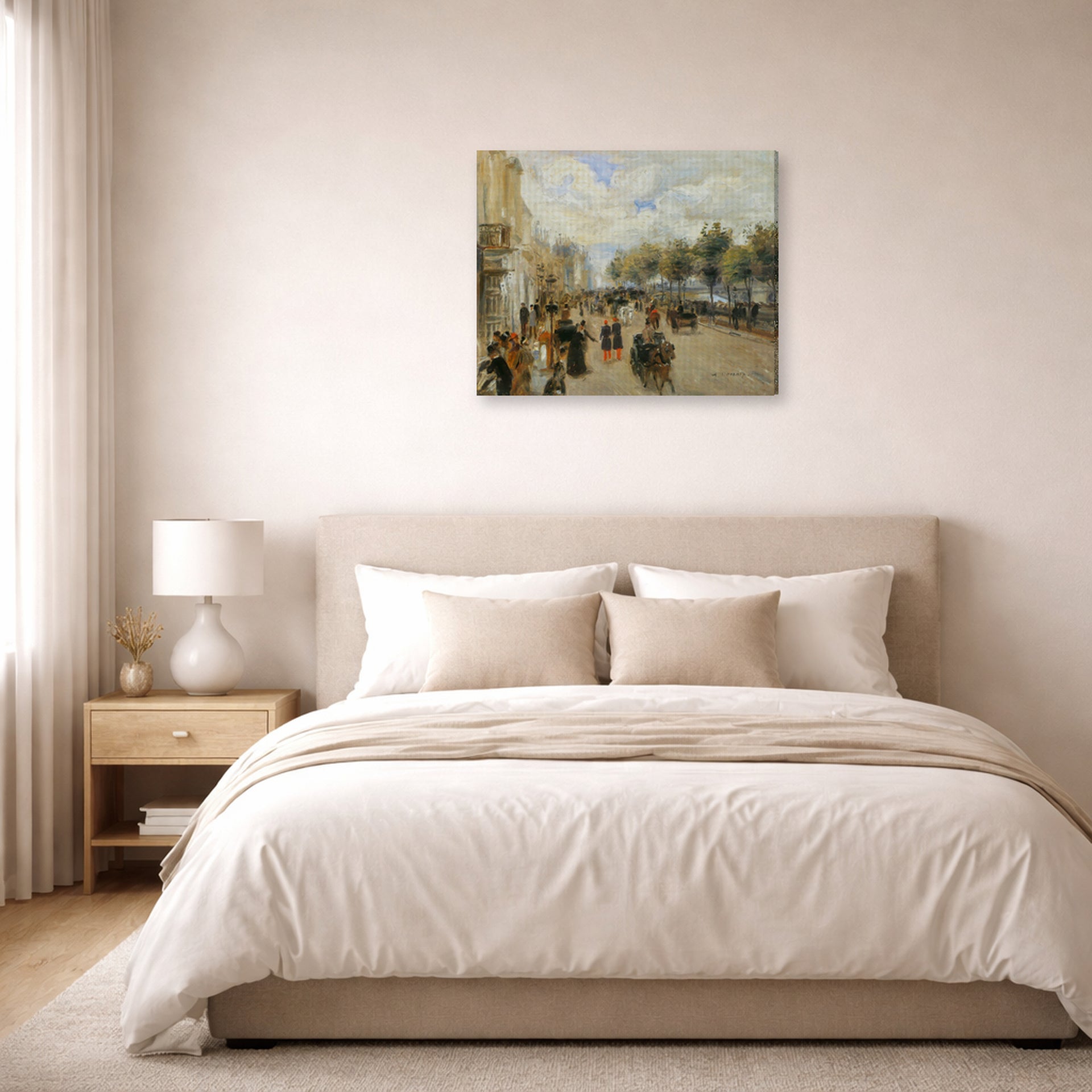 Gallery-wrapped canvas print of Pierre-Auguste Renoir's Paris, le quai Malaquais displayed on a wall in a bedroom