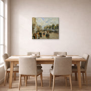 Gallery-wrapped canvas print of Pierre-Auguste Renoir's Paris, le quai Malaquais displayed on a wall in a dining room