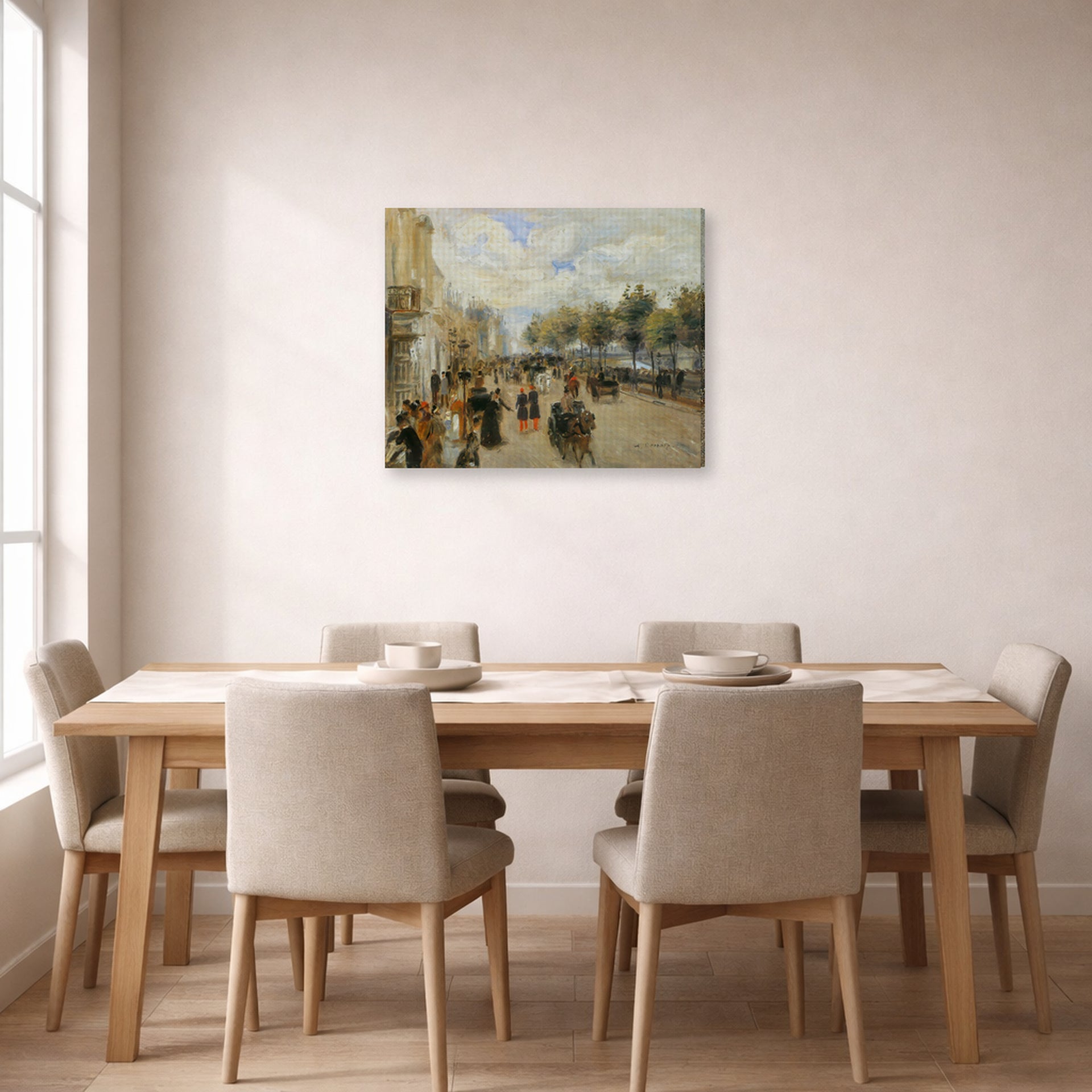 Gallery-wrapped canvas print of Pierre-Auguste Renoir's Paris, le quai Malaquais displayed on a wall in a dining room