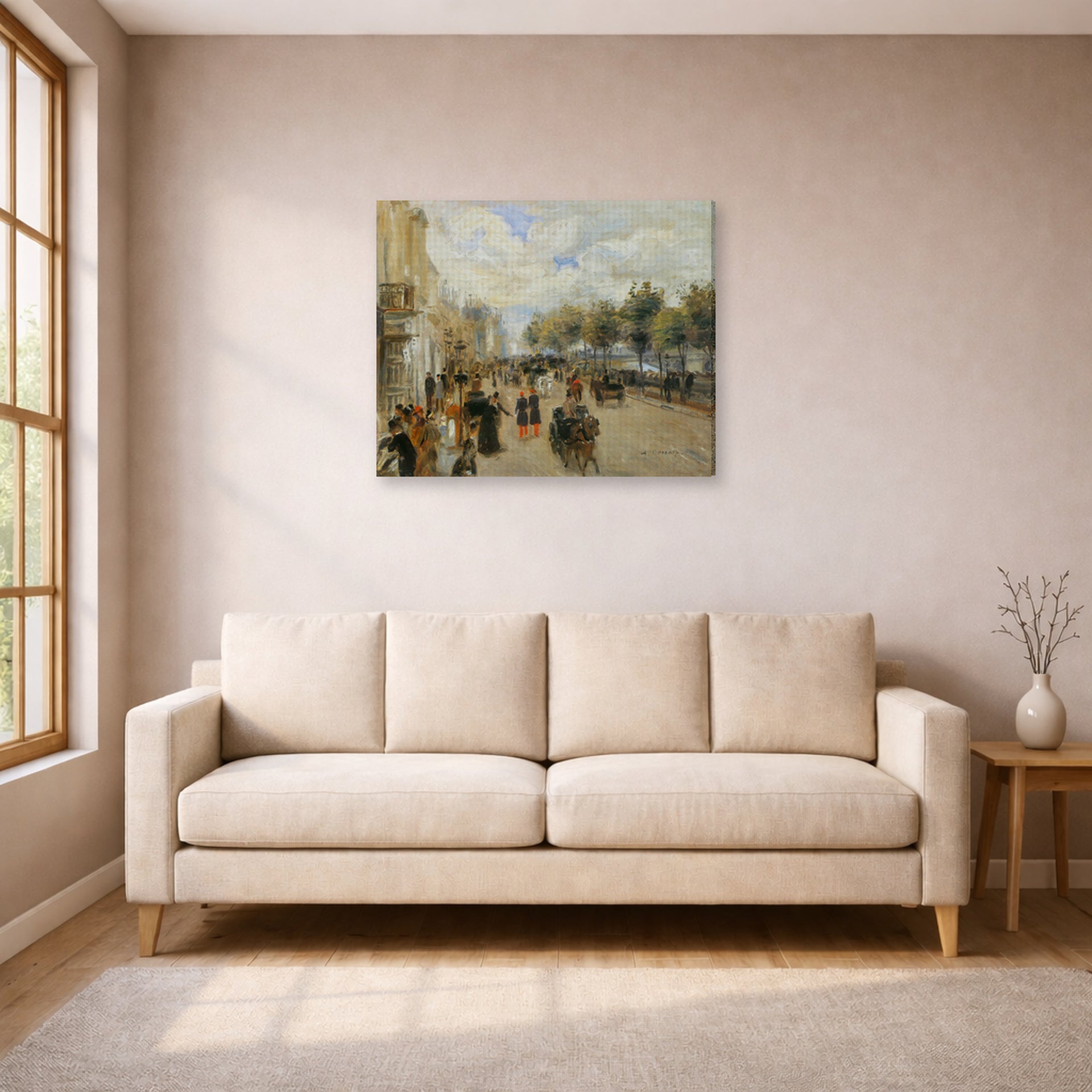 Gallery-wrapped canvas print of Pierre-Auguste Renoir's Paris, le quai Malaquais displayed on a wall in a living room