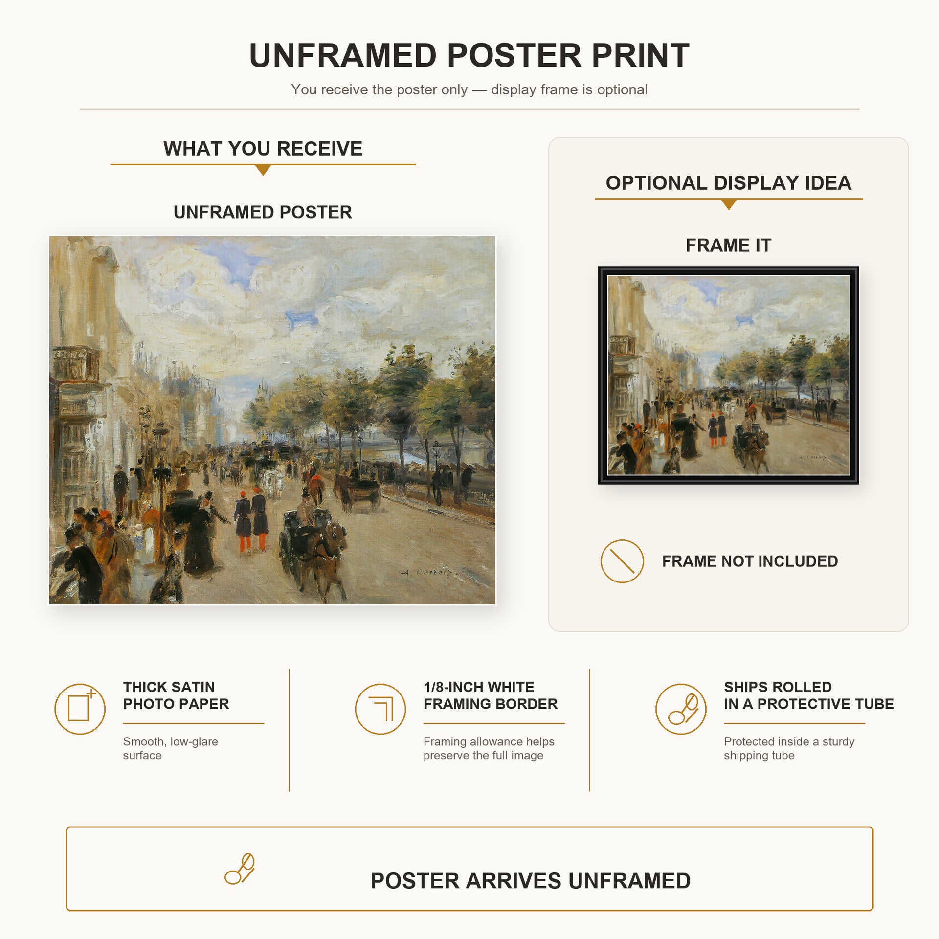 Pierre-Auguste Renoir - Paris, le quai Malaquais poster print size comparison and framing display infographic