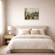 Unframed poster print of Pierre-Auguste Renoir's Paris, le quai Malaquais displayed on a wall in a bedroom
