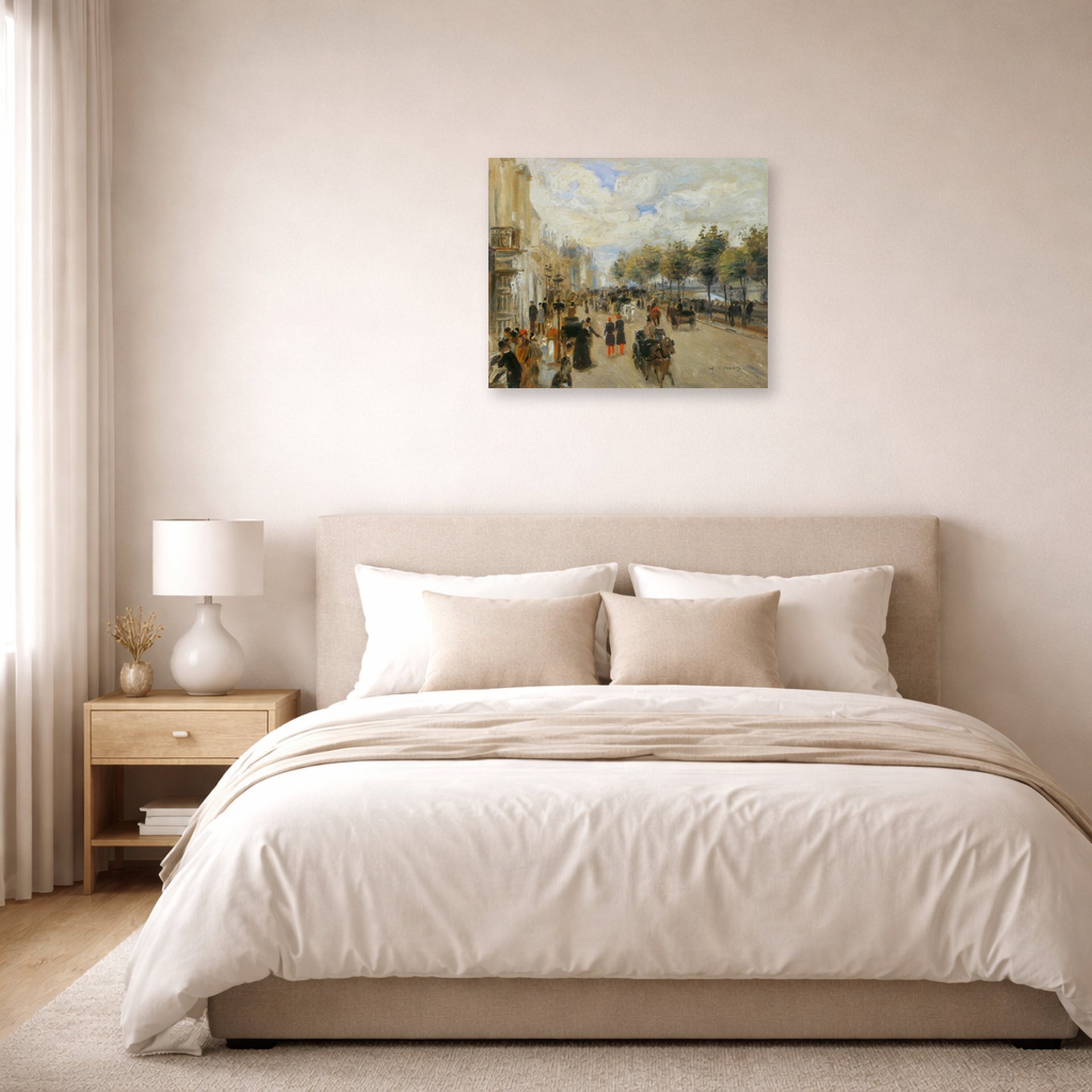 Unframed poster print of Pierre-Auguste Renoir's Paris, le quai Malaquais displayed on a wall in a bedroom