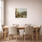 Unframed poster print of Pierre-Auguste Renoir's Paris, le quai Malaquais displayed on a wall in a dining room
