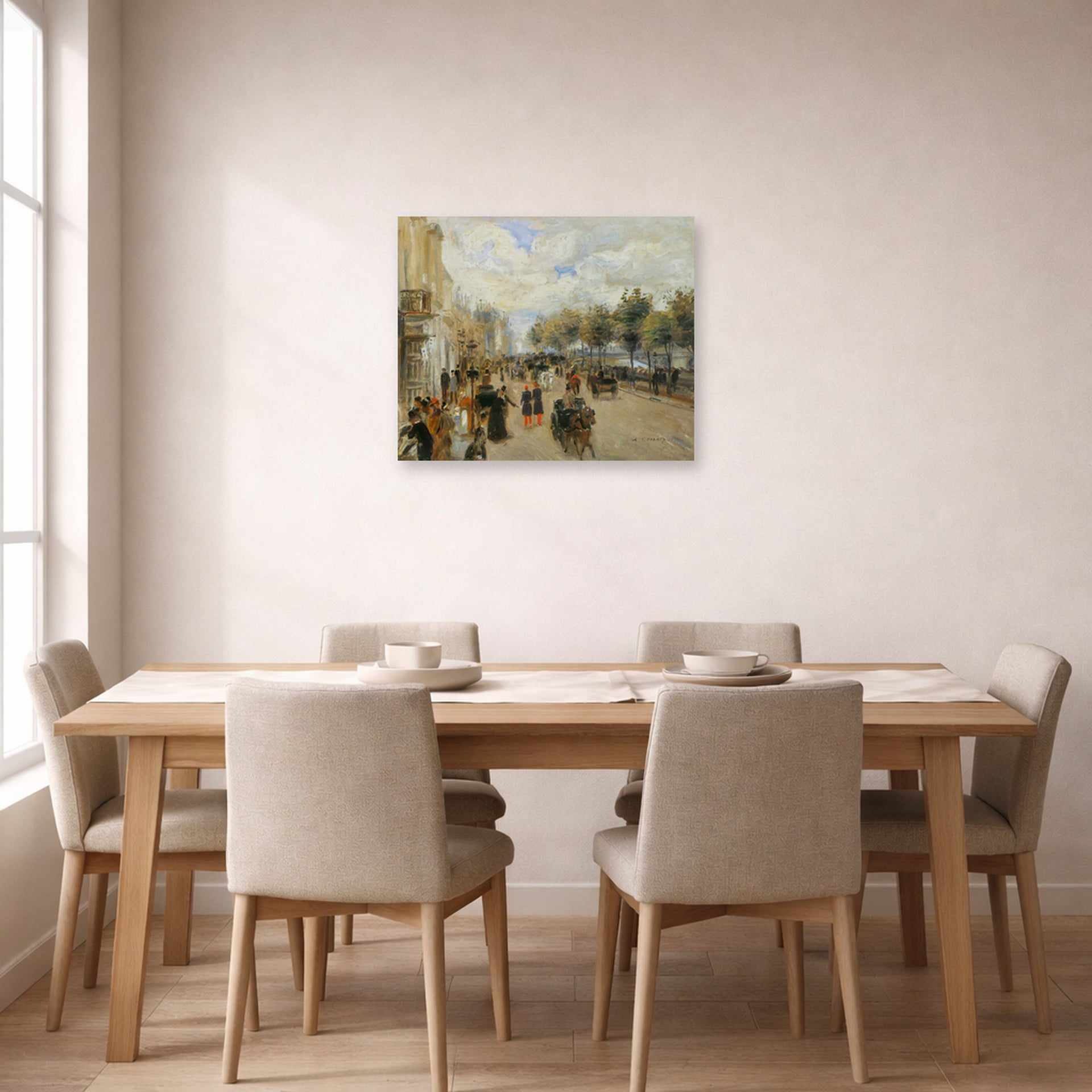 Unframed poster print of Pierre-Auguste Renoir's Paris, le quai Malaquais displayed on a wall in a dining room