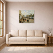 Unframed poster print of Pierre-Auguste Renoir's Paris, le quai Malaquais displayed on a wall in a living room