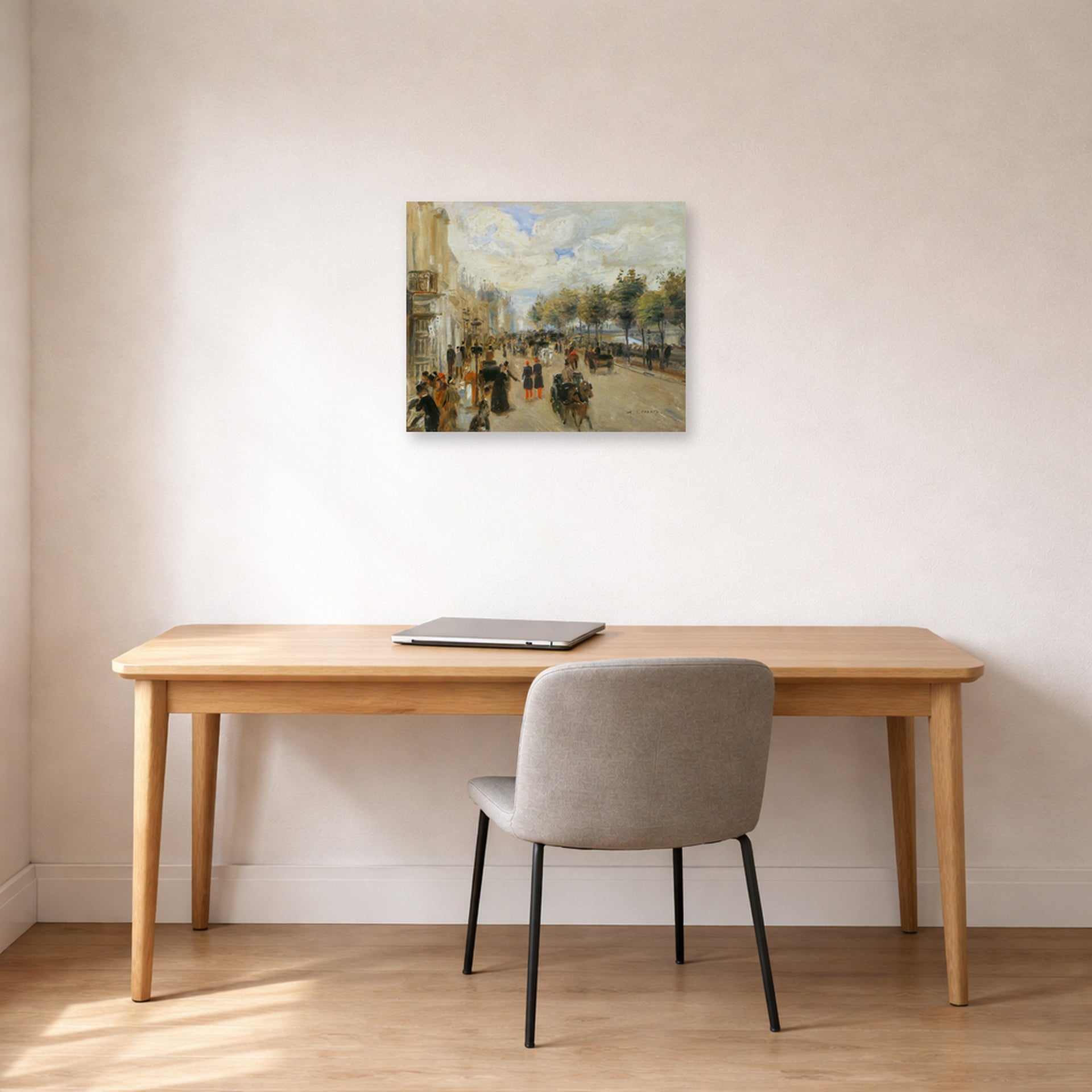 Unframed poster print of Pierre-Auguste Renoir's Paris, le quai Malaquais displayed on a wall in an office