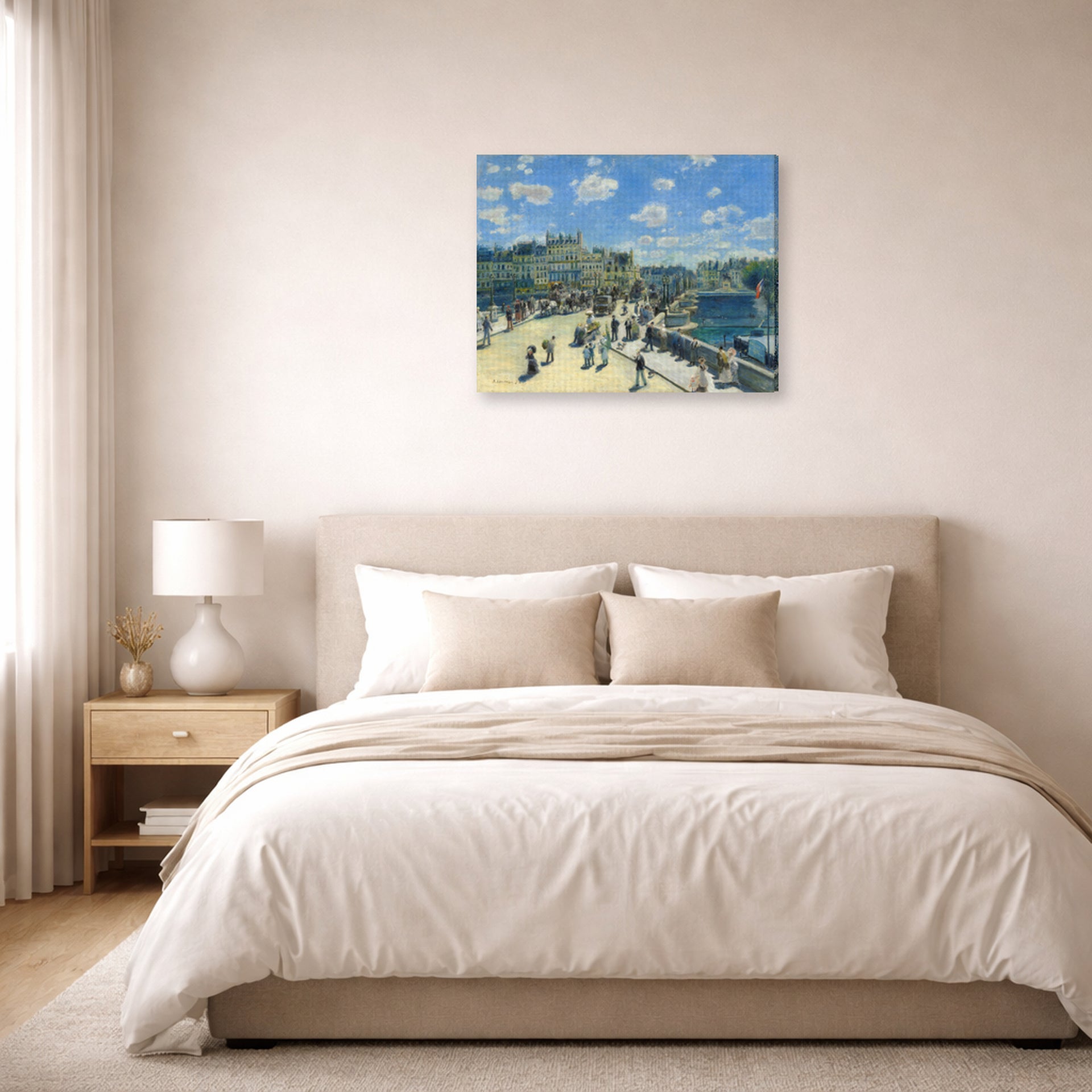Gallery-wrapped canvas print of Pierre-Auguste Renoir's Pont Neuf displayed on a wall in a bedroom