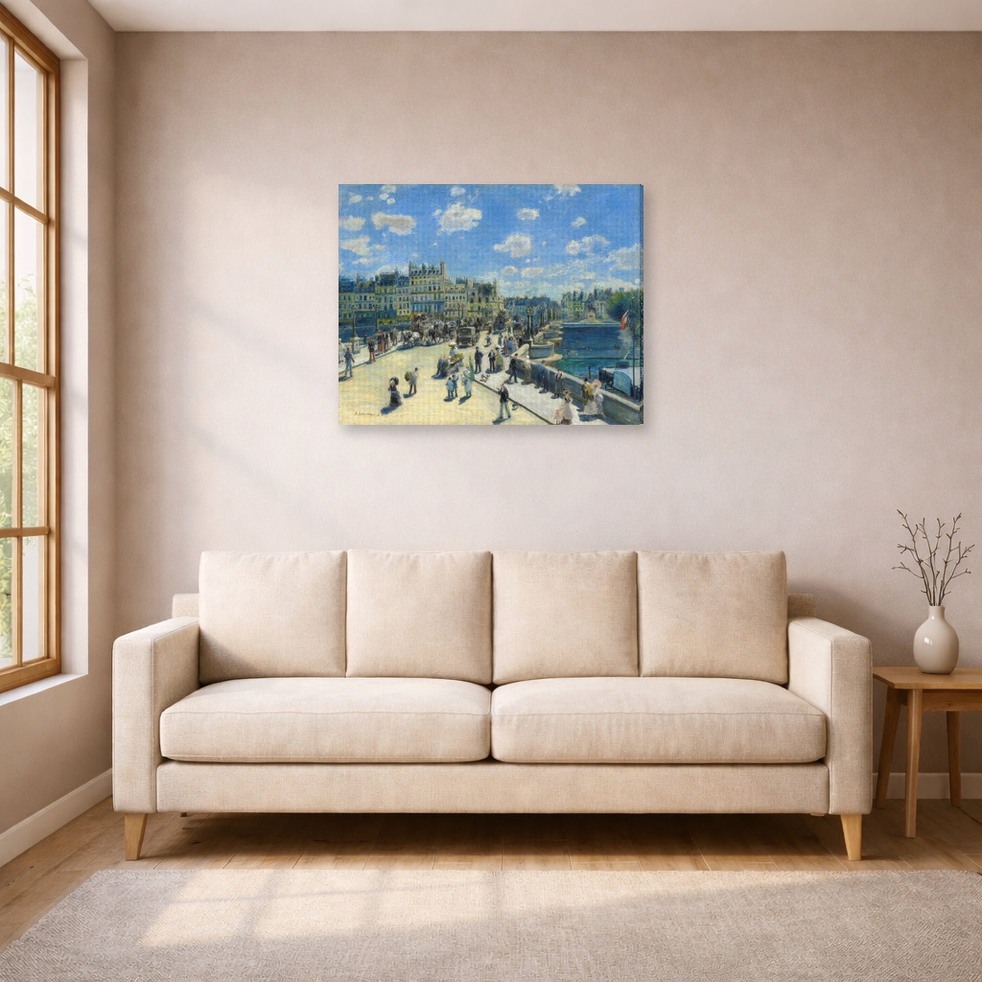 Gallery-wrapped canvas print of Pierre-Auguste Renoir's Pont Neuf displayed on a wall in a living room
