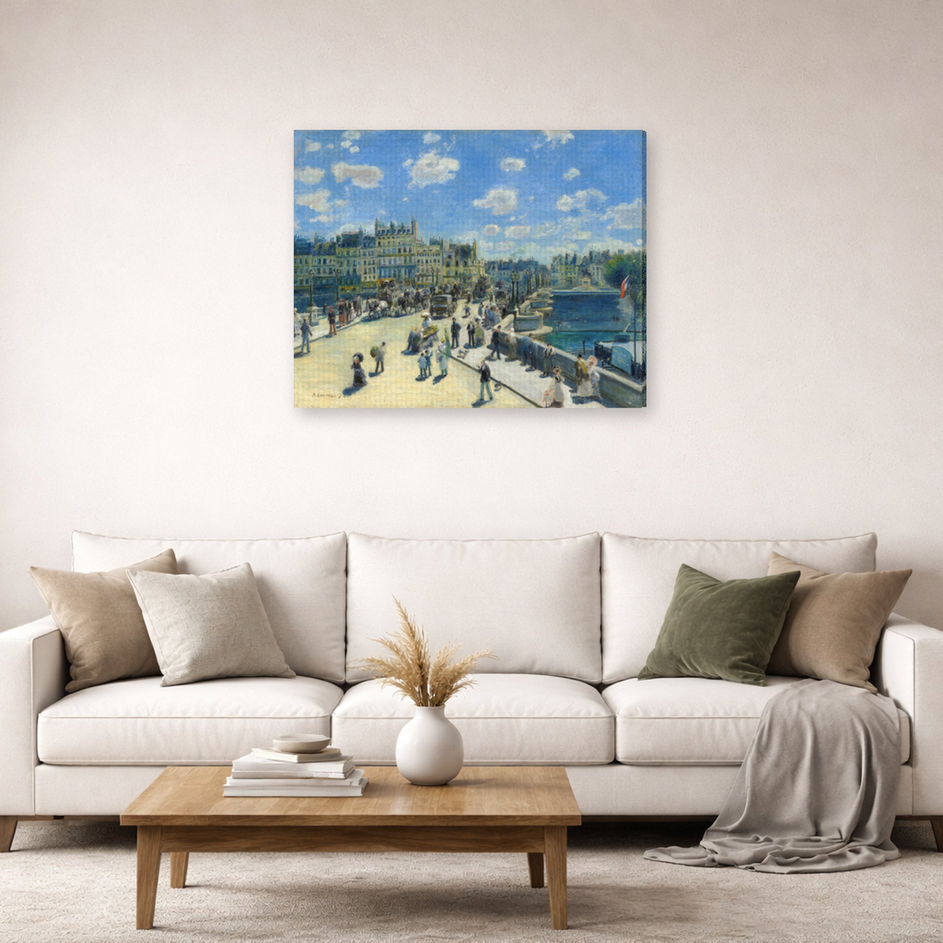 Gallery-wrapped canvas print of Pierre-Auguste Renoir's Pont Neuf displayed on a wall in a living room