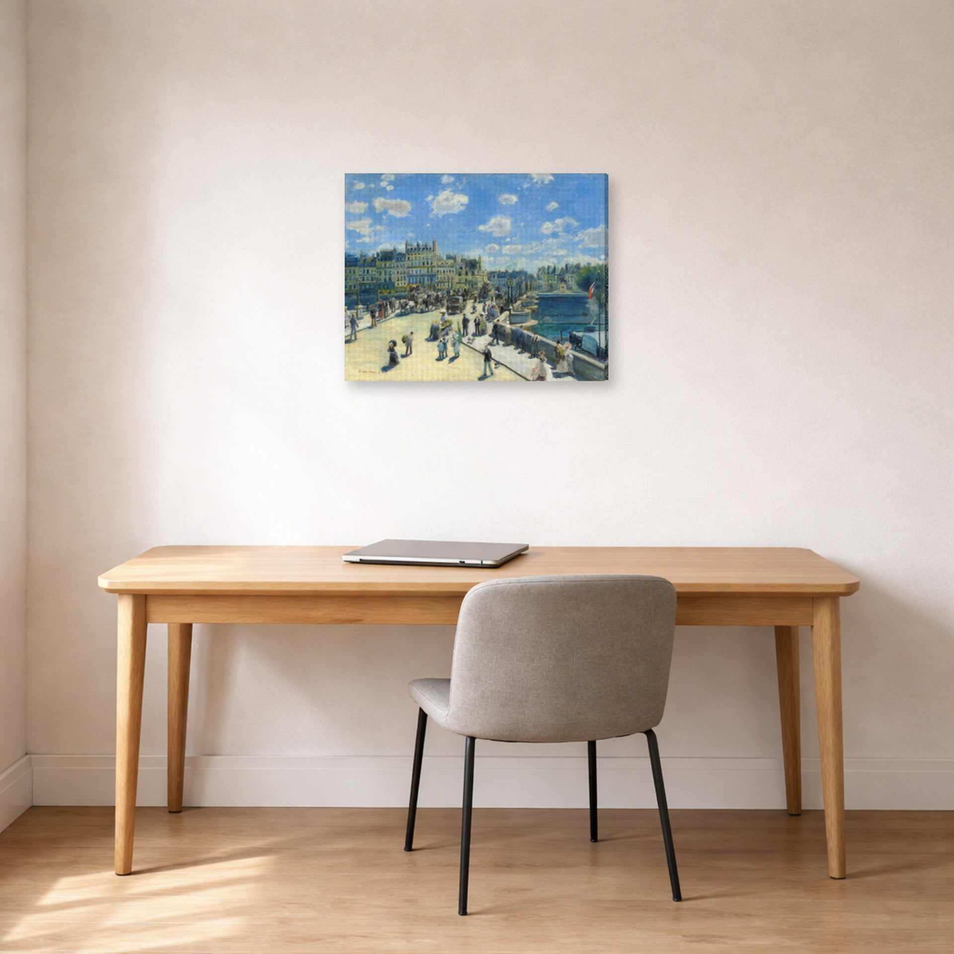Gallery-wrapped canvas print of Pierre-Auguste Renoir's Pont Neuf displayed on a wall in an office