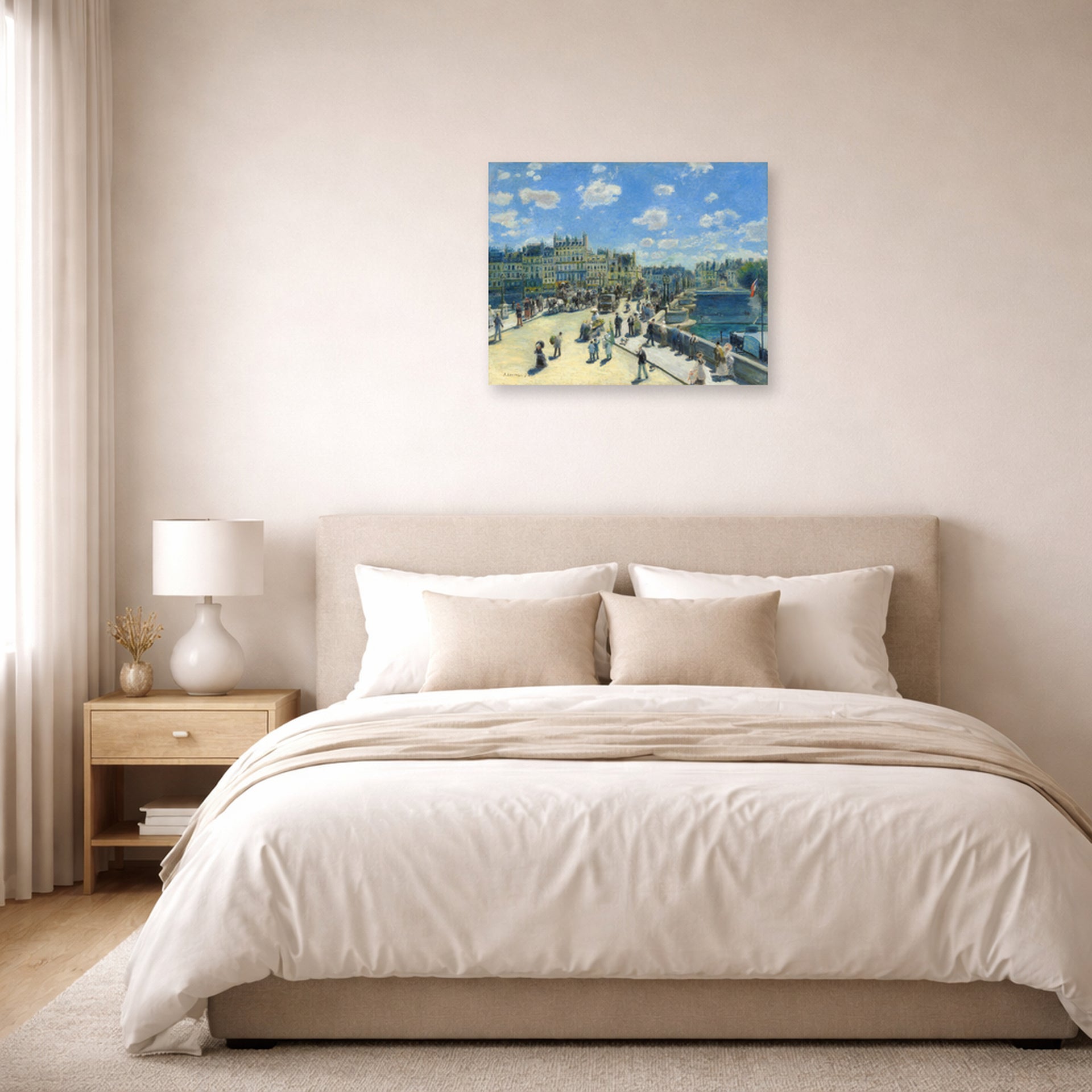 Unframed poster print of Pierre-Auguste Renoir's Pont Neuf displayed on a wall in a bedroom