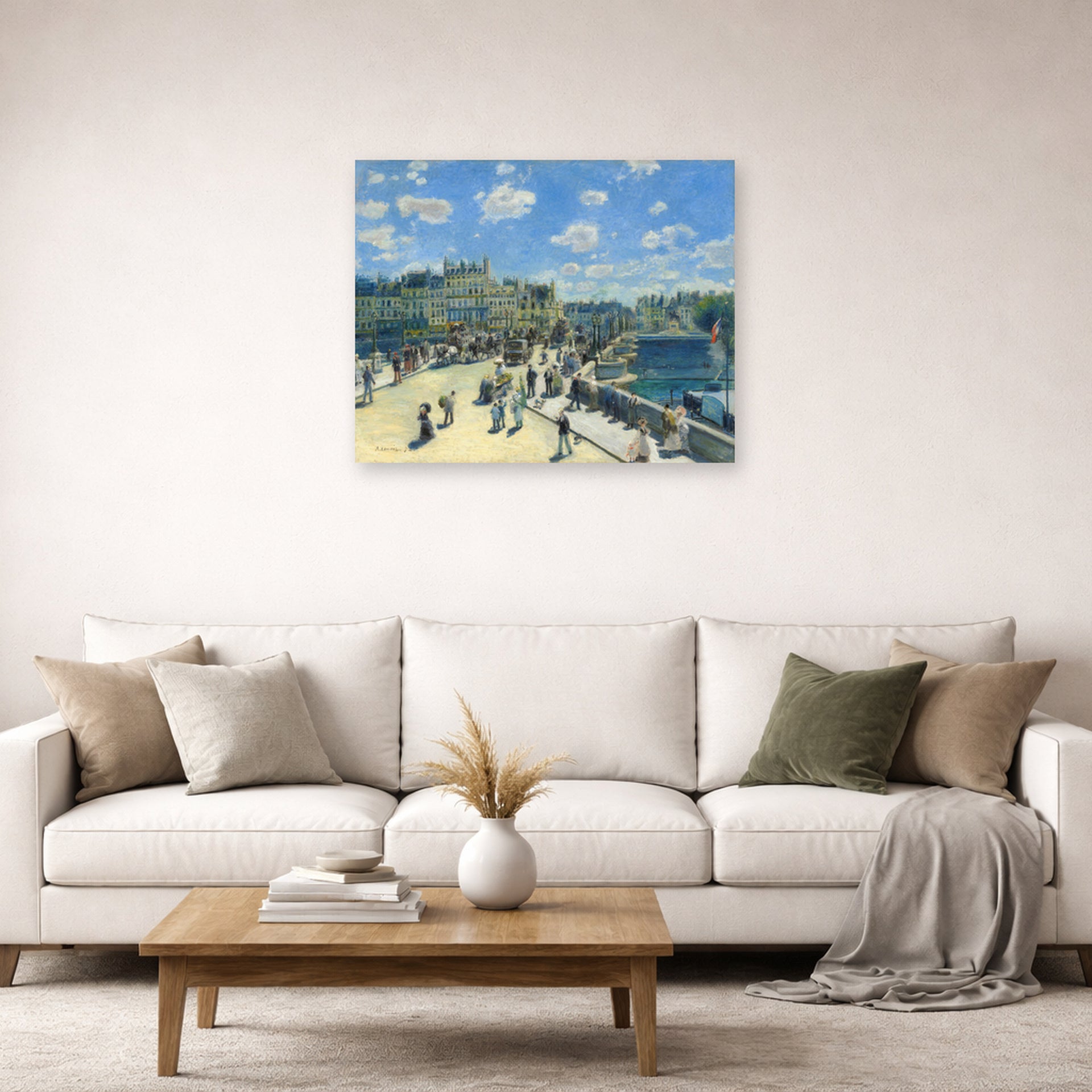 Unframed poster print of Pierre-Auguste Renoir's Pont Neuf displayed on a wall in a living room