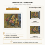 Pierre-Auguste Renoir - Roses in front of a blue curtain canvas print size comparison and framing display infographic