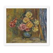 Pierre-Auguste Renoir's 'Roses in front of a blue curtain' painting reproduced as a rolled canvas print